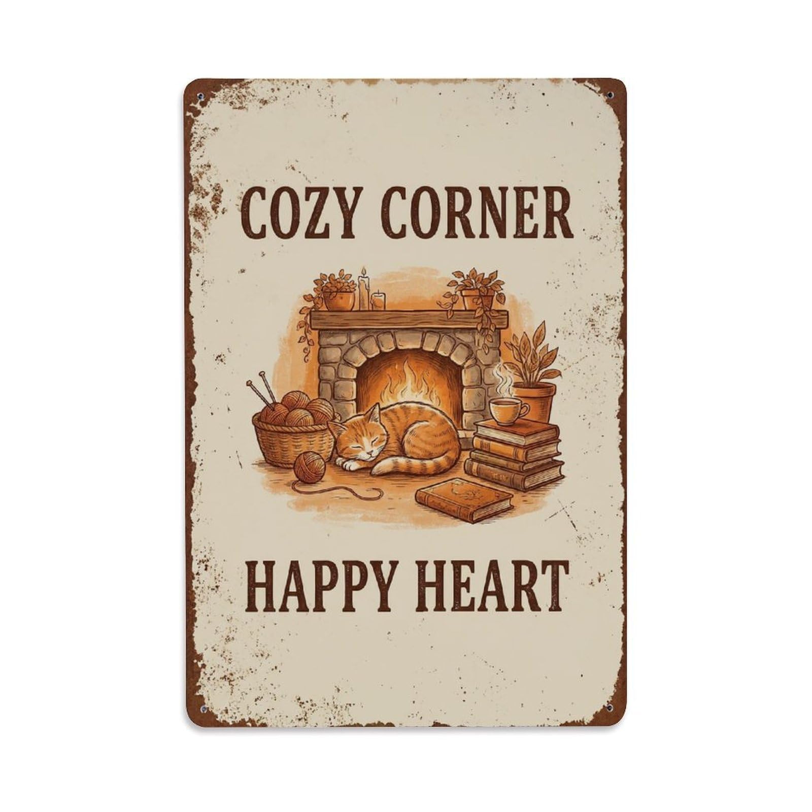 Cozy Corner Happy Heart Fireplace Metal Tin Sign