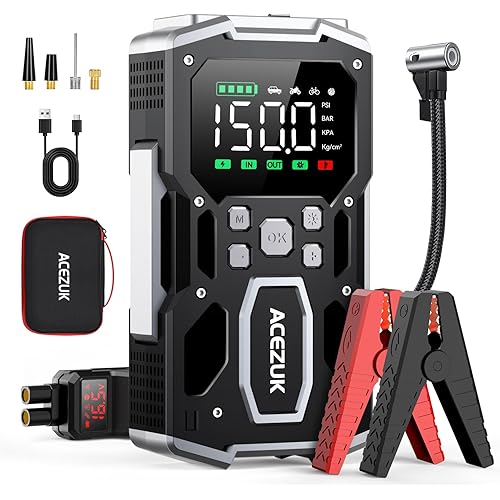 Portable Car Jump Starter with Air Compressor, ACEZUK 150PSI 7000A Jump Starter (All Gas/10.0L Diesel), 12V Battery Jump Box Car Battery Jumper Starter with 3.4" LCD Display, 2 Lights