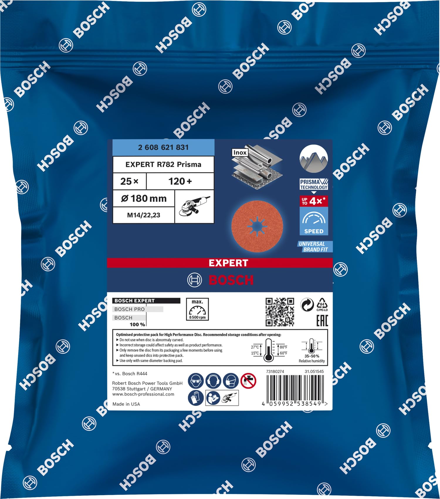 Bosch Professional 25x Discos de fibra Expert R782 Prisma Ceramic (para Acero, Láminas de acero inoxidable, Ø 180 mm, grano 120, accesorios Amoladora pequeña)