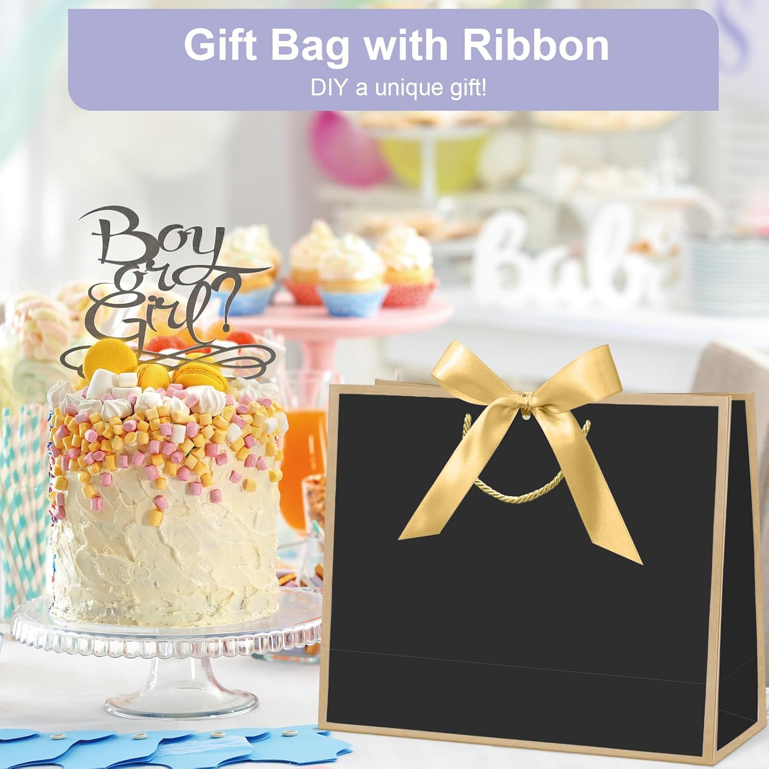 CINSOEN 12 Pcs Paper Gift Bags with Handles, Thank You Gift Bag with Ribbon Bow for Graduation Wedding Bridesmaid Birthday Baby Shower Party Christmas Thanksgiving, 12.4x9.8x4.3 inches (Black, Gold) - Image 3