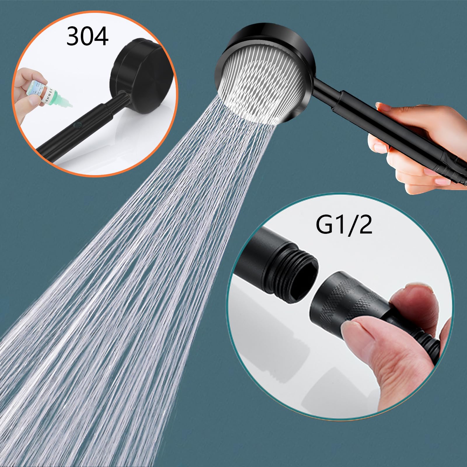 Soffione Doccia STOAT Alta Pressione - Acciaio Inox 304 Con Tubo 1,5 M, Nero - Foto 11