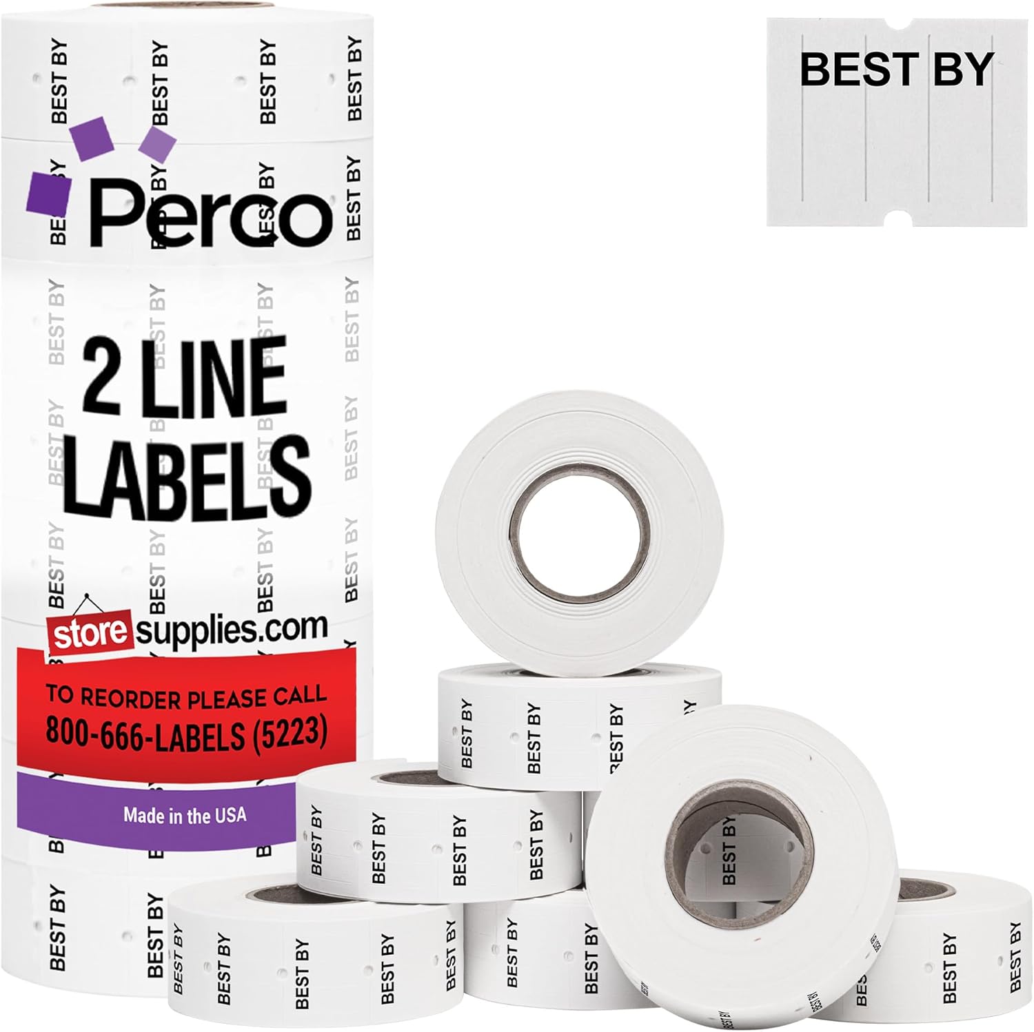 Perco 2 Line USE BY Labels - 8 Rolls, 1 Sleeve, 6,000 Blank Date Gun Labels for Perco 2 Line Date Guns - Made in USA