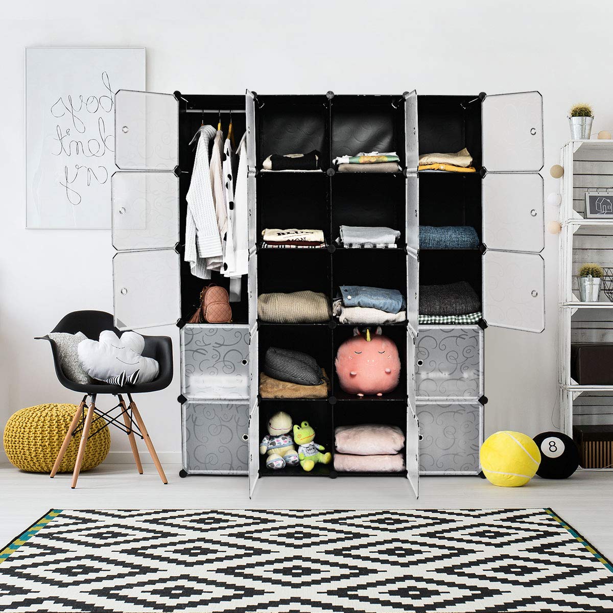 GOPLUS Armoire Penderie Portable, Étagère de Rangement Modulable en Plastique, Bricolées & Empilables avec Portes, Crochets, Dispositif Anti-Renversement pour Chambre (20 Cubes)