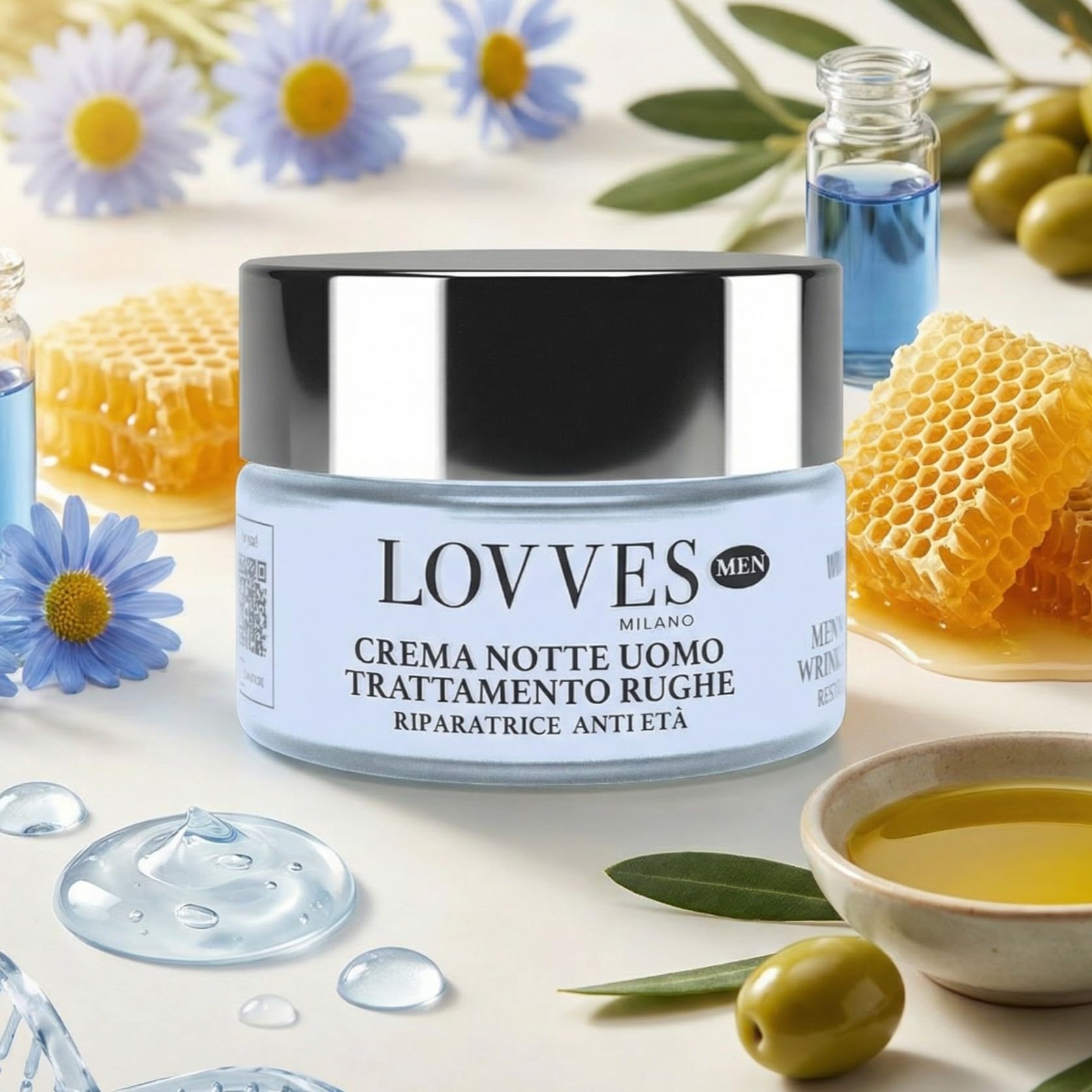 LOVVES Crema de Noche Antiarrugas para Hombre, Alta Cosmética Natural, Repara la piel, Antioxidante y Regeneradora, Previene el Envejecimiento Prematuro, Absorción Rápida, 50ml