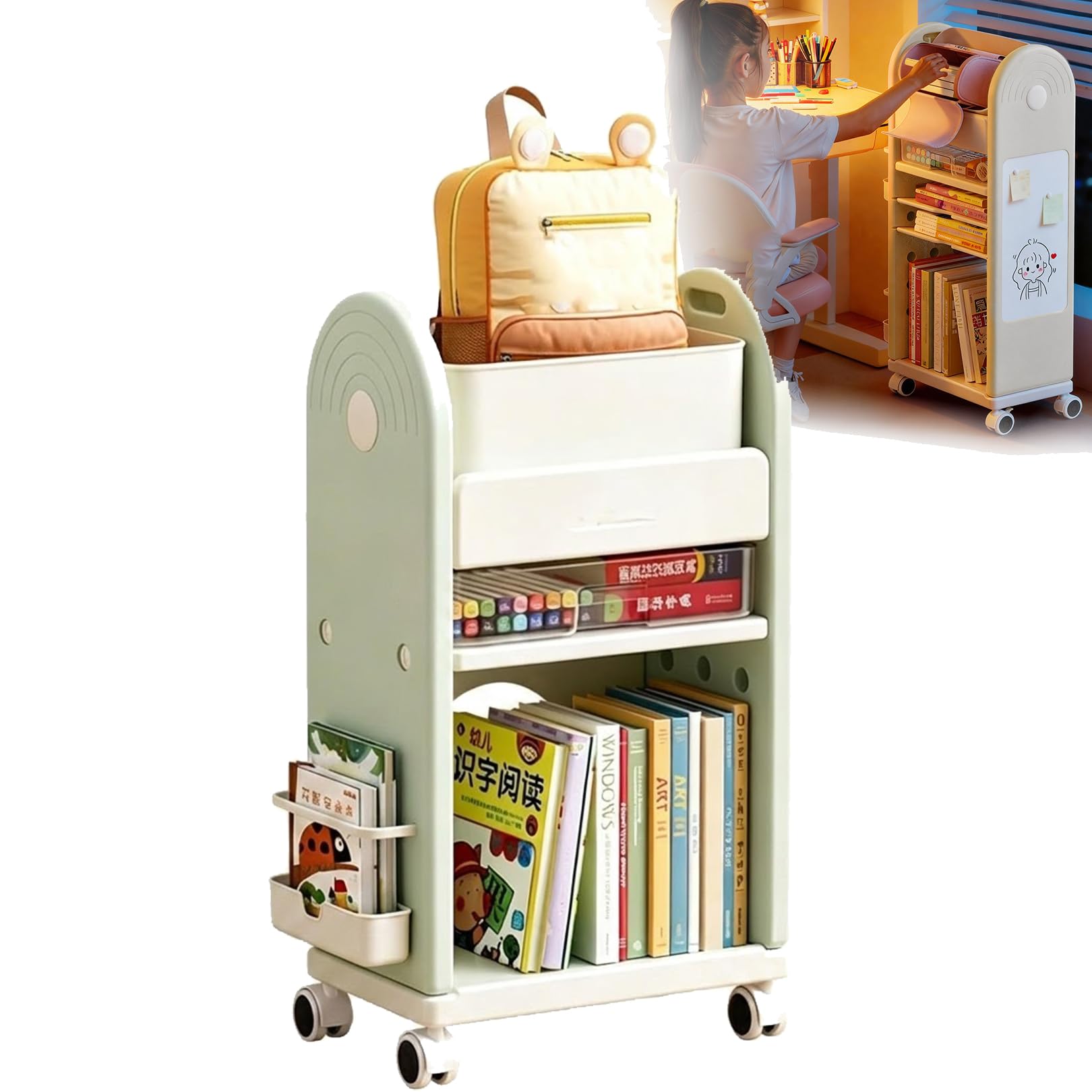 Home Bookcase Multifunctional 3Tier 5 Tier Bookshelf Organizer, Utility Cart with Lockable Casters, Narrow Rolling Storage Cart for Living Room, Bedroom, Kitchen (green,3tier)