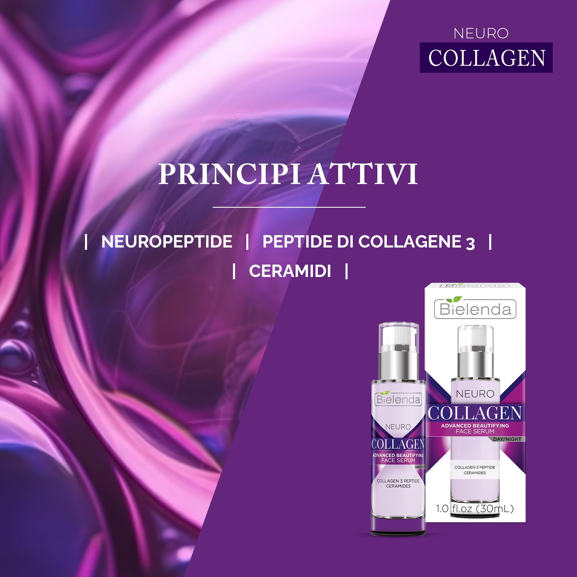 Bielenda Neuro Collagen Sérum Facial, Sérum con Péptidos de Colágeno y Ceramidas, Antiedad, Antiarrugas, Día/Noche, 30 ml