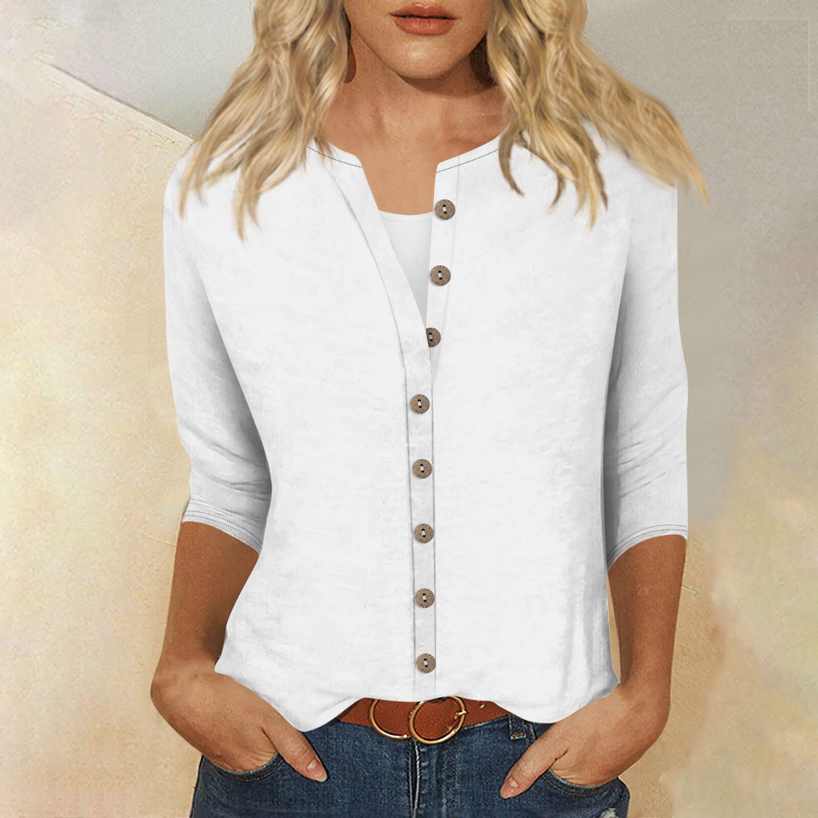 slqdgmryz Womens Button Down Shirt Casual Lightweight 3/4 Sleeve Cardigan V Neck Cute Summer Tops Solid Color Trendy Dressy Blouses 3/4 Length Sleeve Womens Tops 2025 Women's Cardigans,White,L