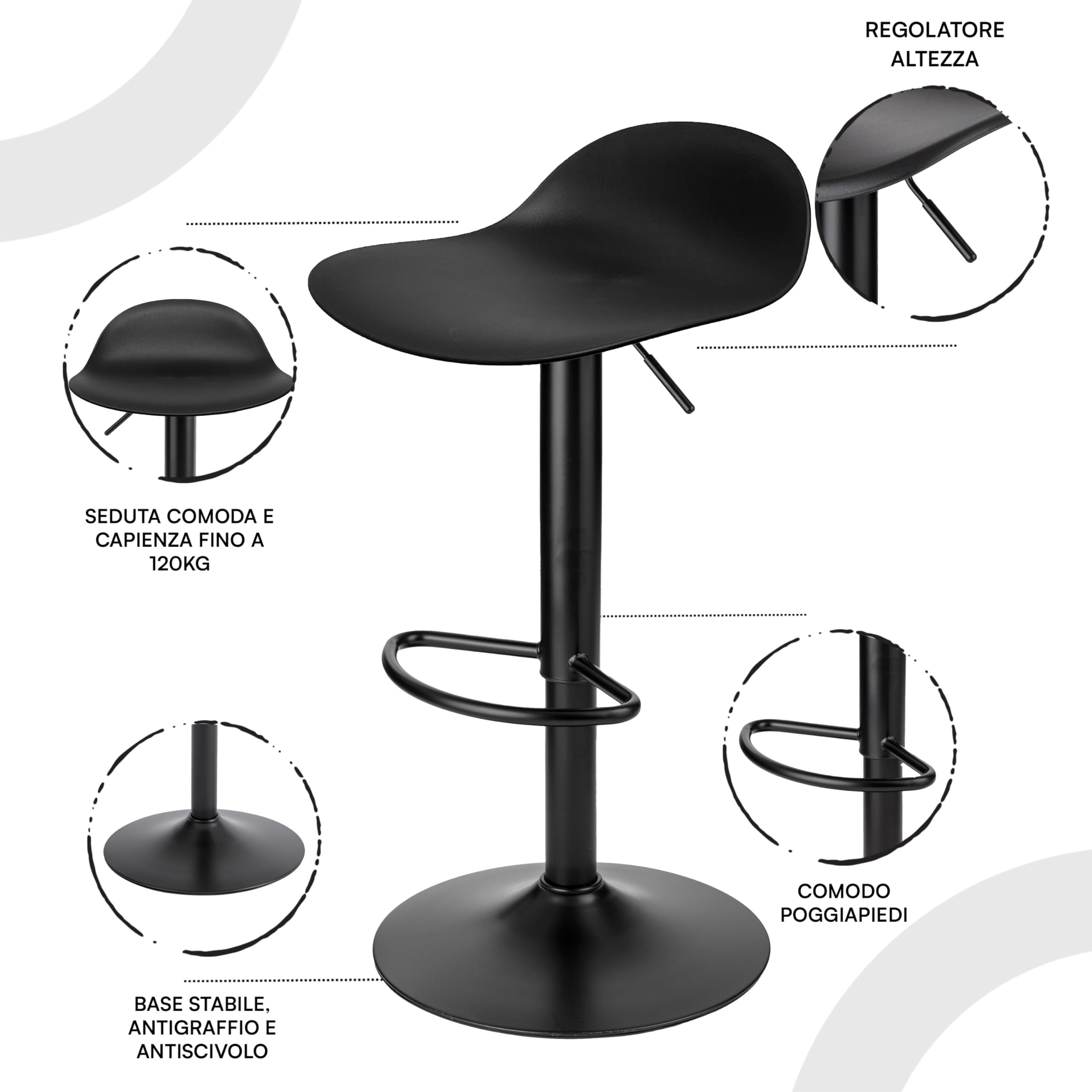 Baroni Home Sgabello Girevole con Altezza Regolabile, Fondo Antigraffio e Poggia Piedi, Per Cucina, Ristorante e Bar, Leggero e Montaggio Facile, 40x40x64-86 cm, 1 Pezzo, Nero