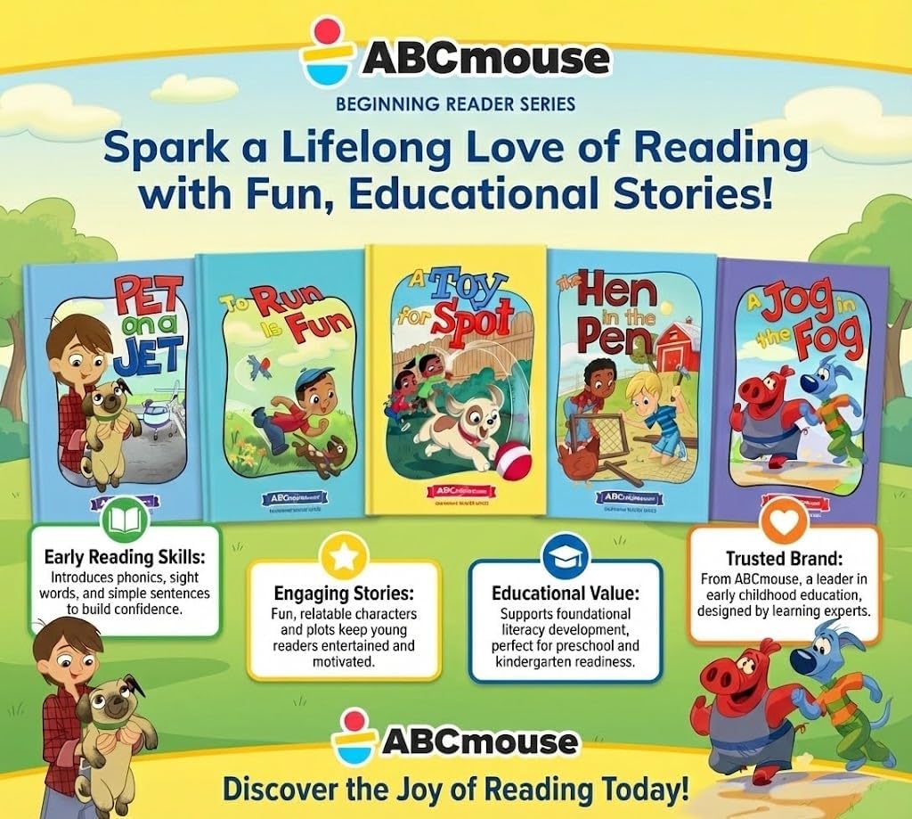 ABCmouse Beginner Readers Series 2 Story Time Bundle: 5-Pack Hardcover Books for Ages 2+, Simple Early Reading Books: The Hen in The Pen, A Jog in The Fog, Pet on a Jet, to Run is Fun, A Toy for Spot