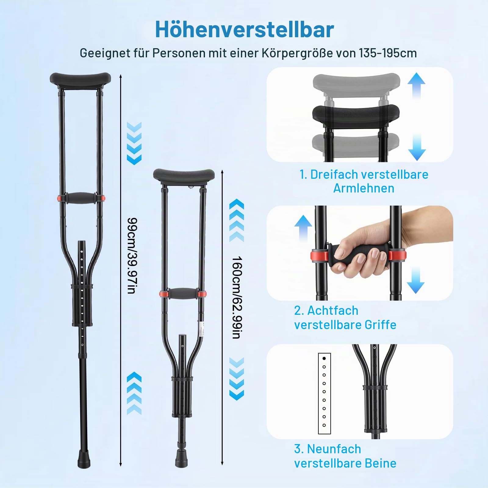 2 stück Gehhilfe Krücken auf 16 Verschiedene Höhen, 150 KG Max Universelle Achselkrücken Höhenverstellbar für Erwachsene Senioren, Aluminium Unterarmgehstützen mit Weichen Unterarm und Handauflagen
