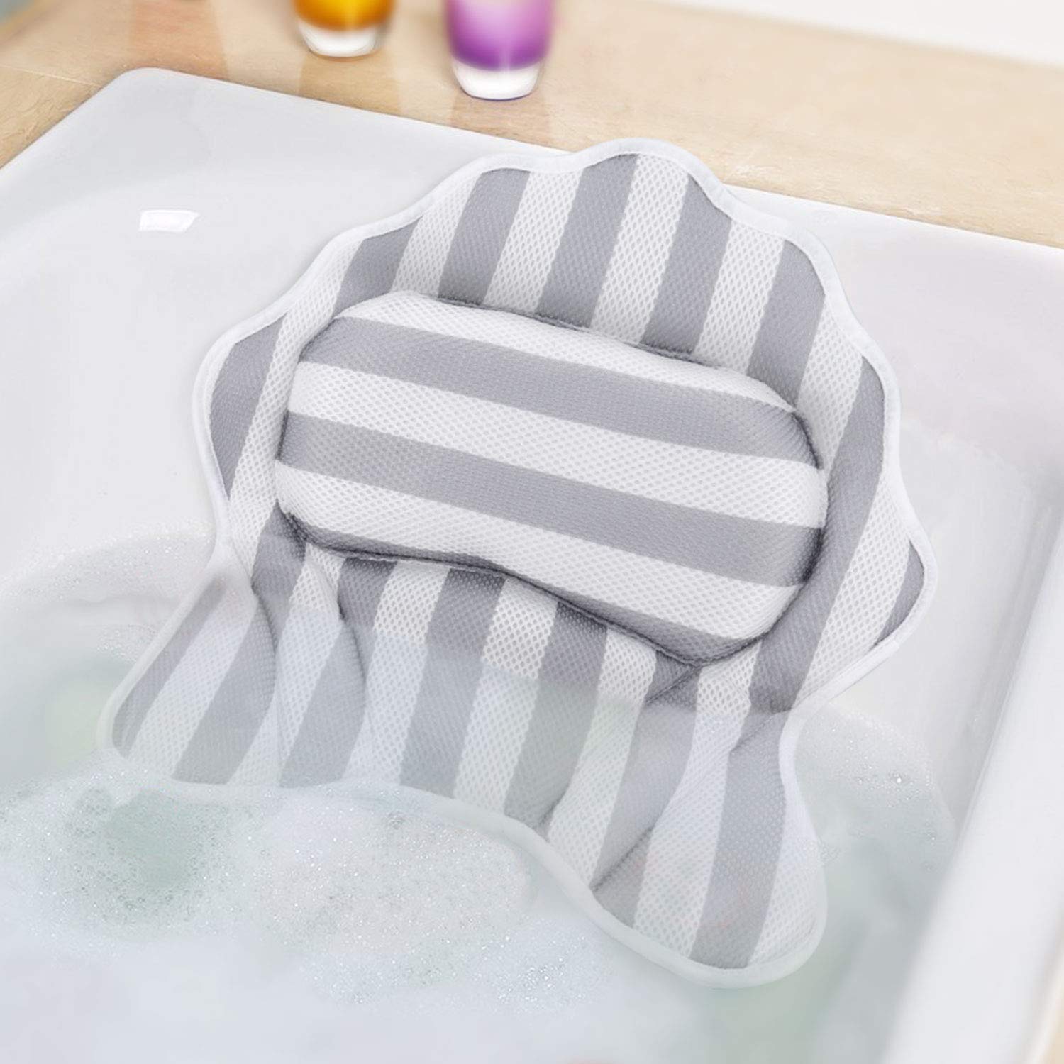 Rubik Luxury Bathtub Pillow Headrest Cushion With 6 Suction Cups & Hanging Hook, for Neck Head Shoulder and Back Support - White/Grey (Style A)