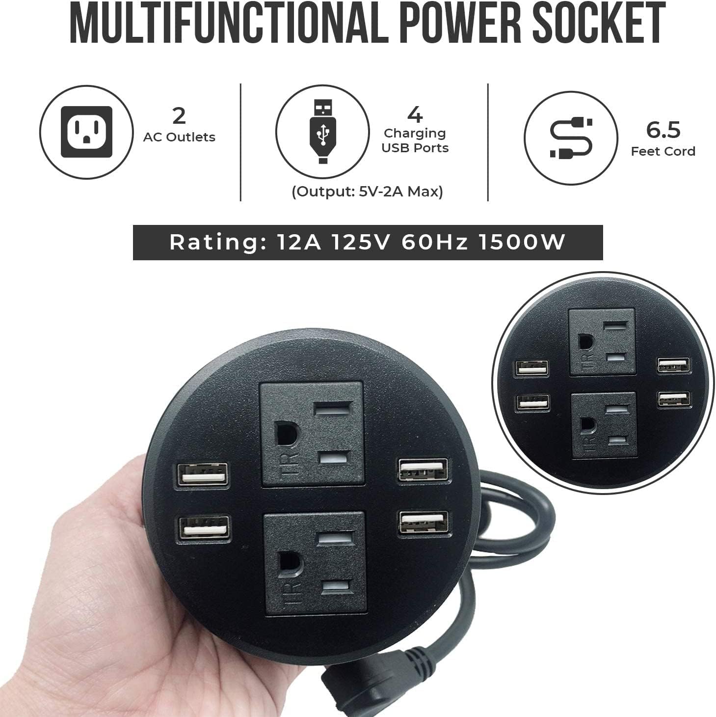 Round Desktop Conference Room Power Grommet Outlet, FITS 3 1/8" - 3 1/4" 2 (TR) AC Outlets, 3 USB Charging Ports/1 Type-C Fast Charging- ETL Listed (3 USB/3 Power-DC-8889(Black)