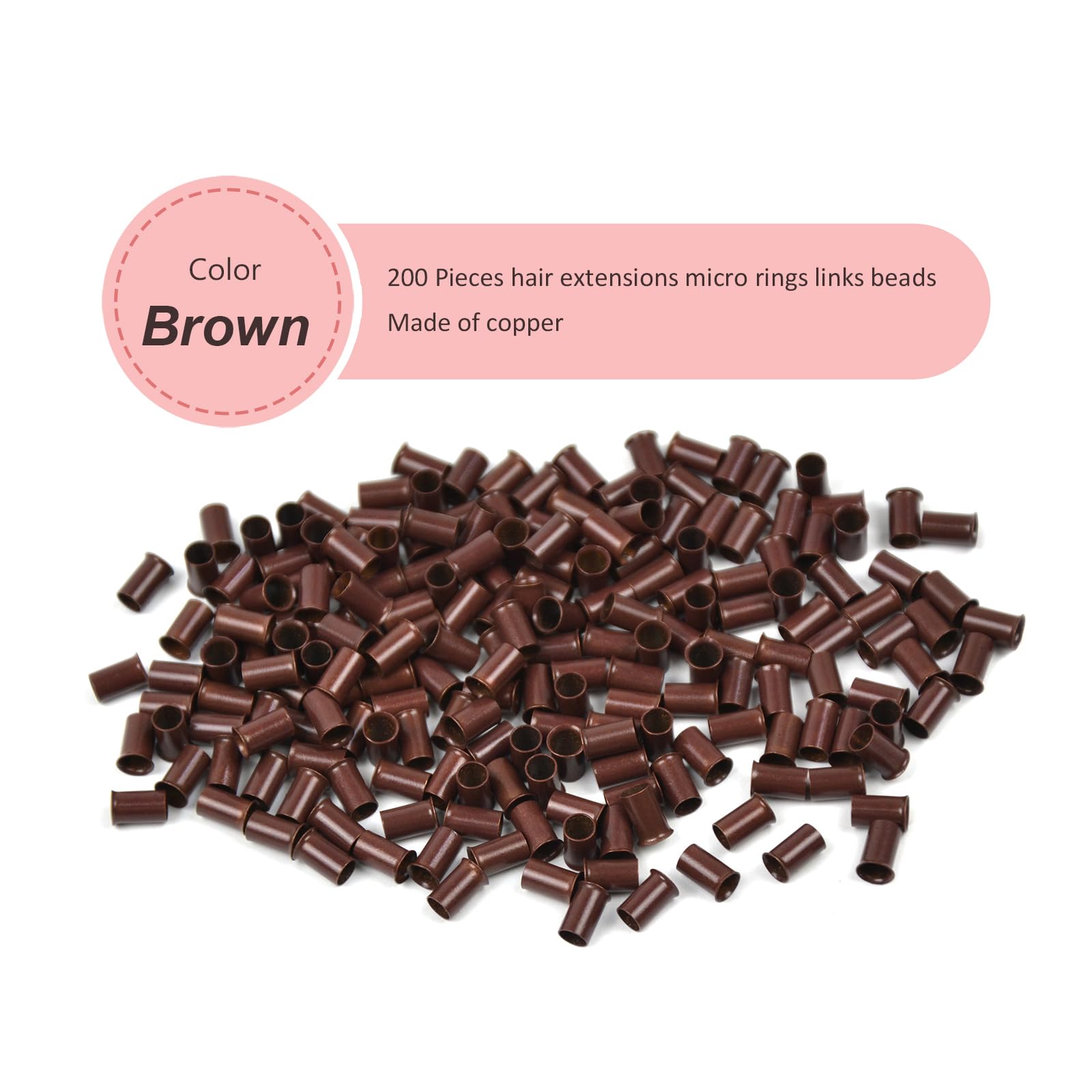 YTBYT 200 Pcs 3.4 mm Micro Link Ring Copper Tubes Beads Non-Silicone Micro Link Beads for I-Tip Hair Extensions (Brown) - Image 3