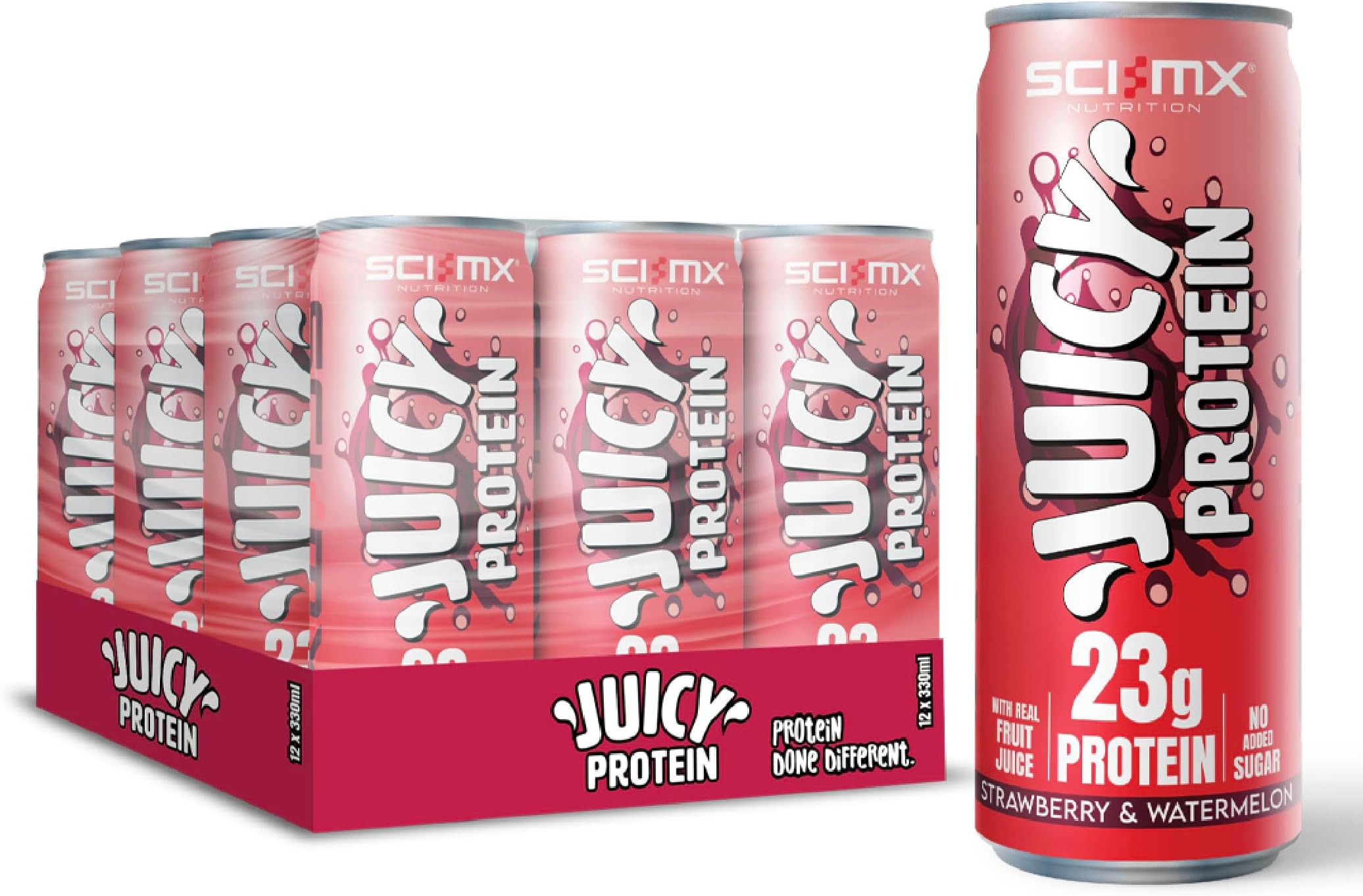 Juicy Protein Sparkling Protein Water with 23g Protein โข Strawberry & Watermelon Flavour โข 330ml x 12 โข High Protein Sparkling Drink โข Low Calorie & No Added Sugar โข Made with UK Spring Water