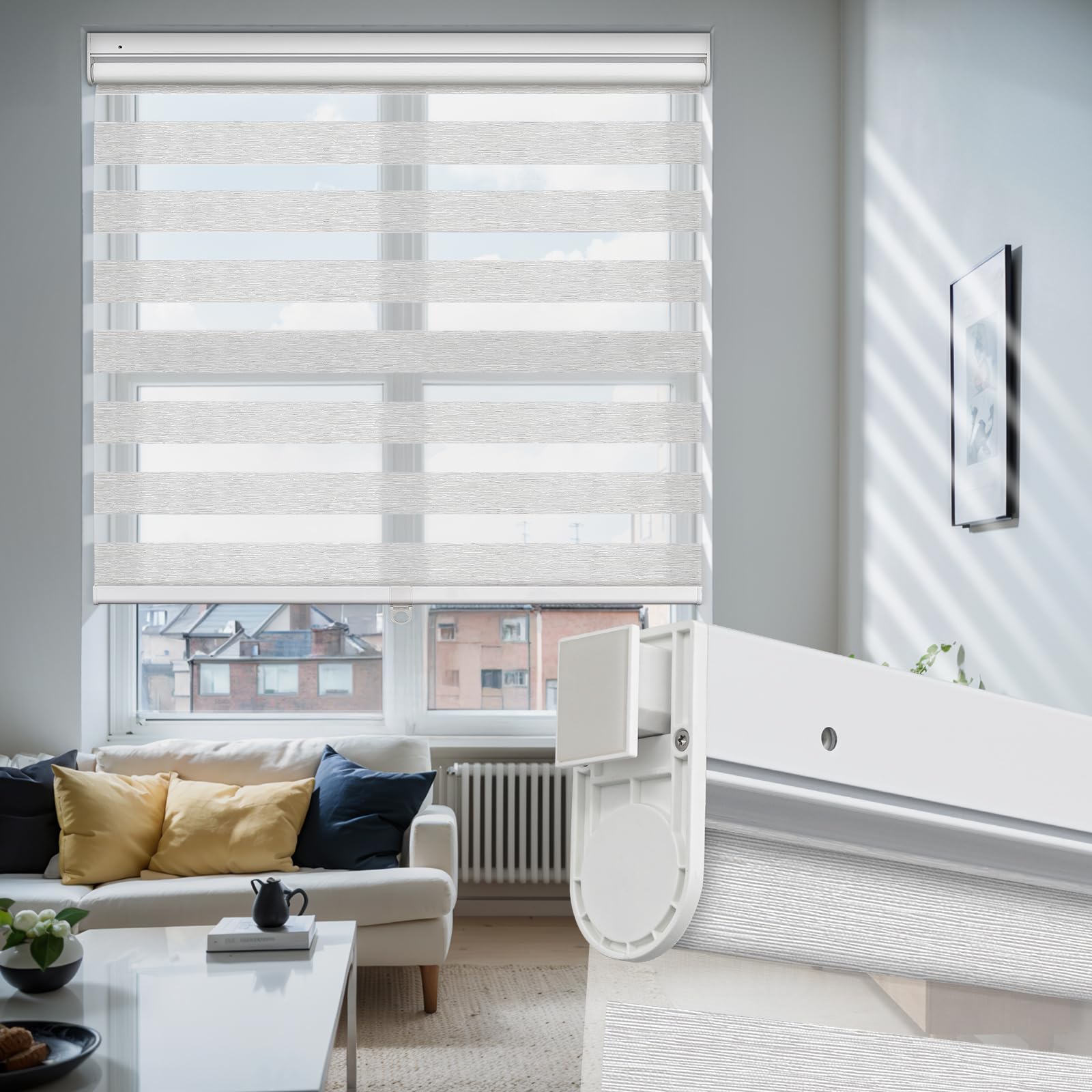 Moonice Cordless Zebra Roller Blinds No Drill No Tools Zebra Shades Dual Layer Day and Night Blinds Light Control Window Shades for Home Bedroom Kitchen (Light Gray, 122cm W x 122 cm H)