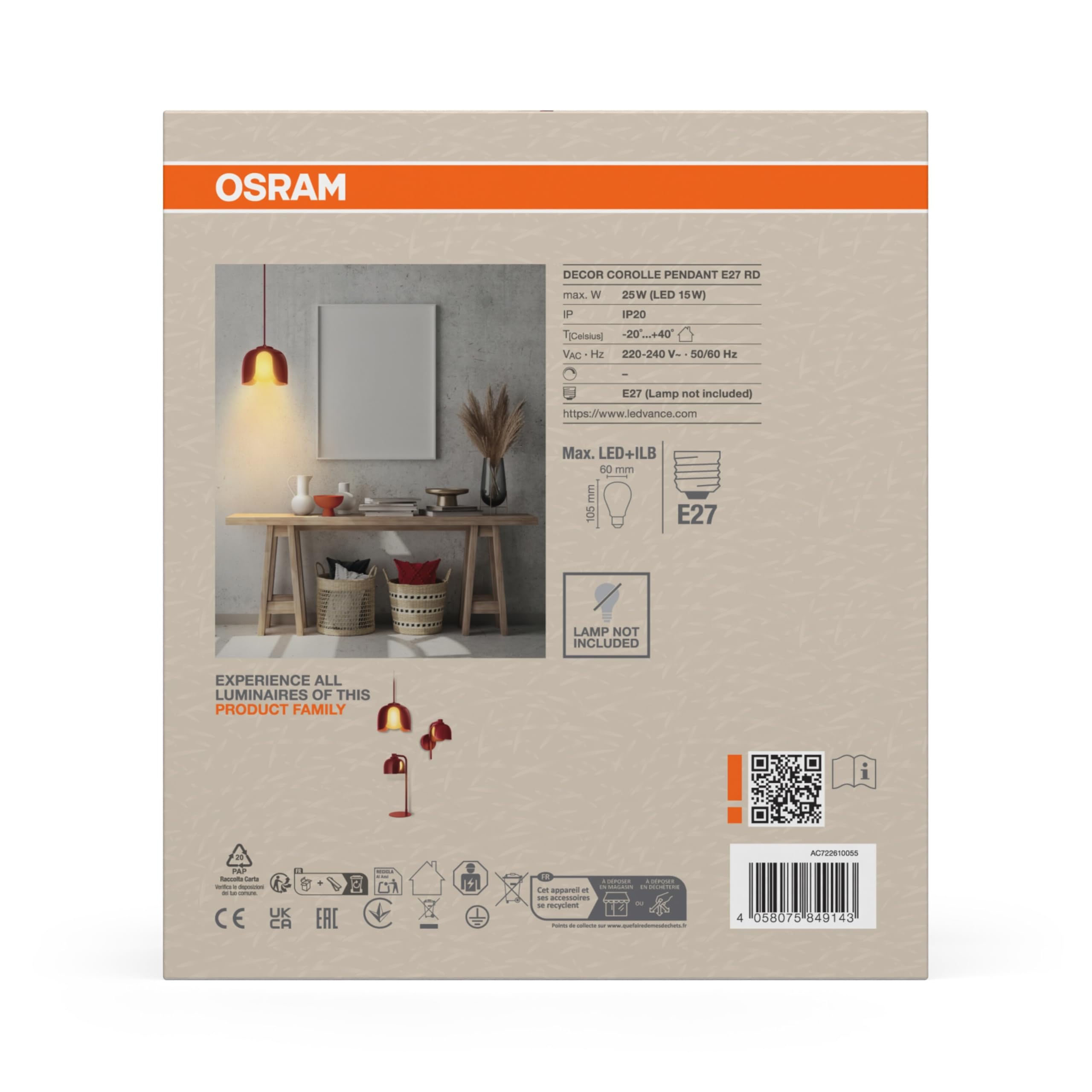 Osram Decor Corolle Pendant E27 Red