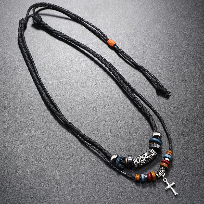 ONLYJUMP Bohemian Double Layers Leather Necklace for Men Women Vintage Boho Tribal Ethnic Wood Beads Braided Adjustable Hipppie Cross Hemp Cords Pendant Charm Choker Jewelry2