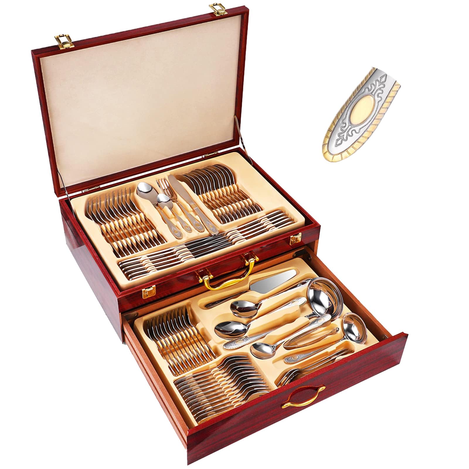 Juego de Cubiertos de Acero Inoxidable 72 Piezas para 12 Personas, Incluye Cuchillos, Tenedores y Cucharas, Conjunto de Mesa Elegante con Caja de Madera para Hogar, Restaurantes y Eventos