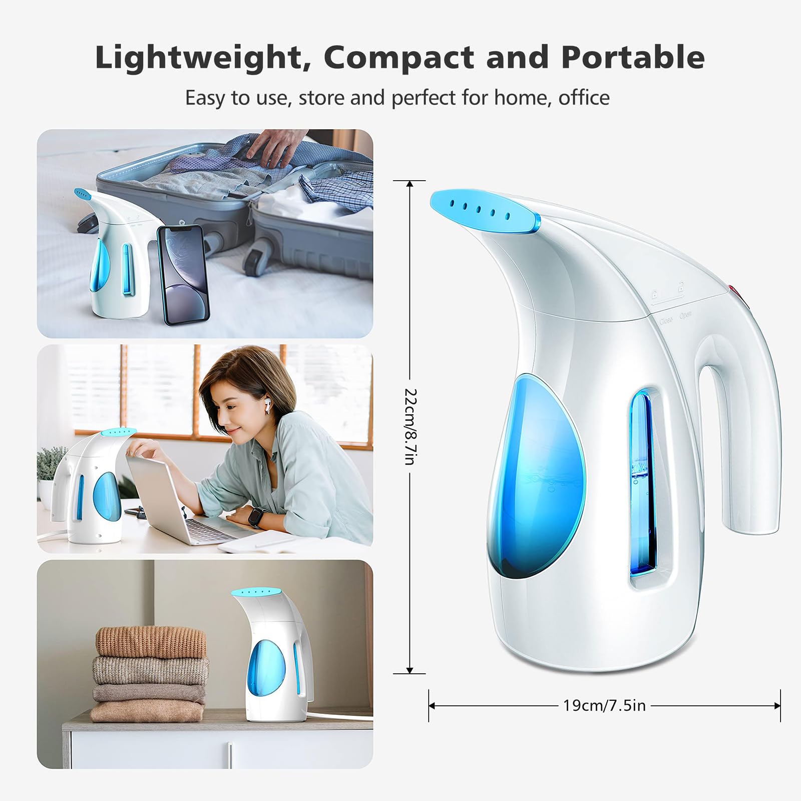 HiLIFE Steamer for Clothes, Portable Handheld Clothing Steamer, 240ml Big Capacity, 700W, Strong Power, Fabric Quick Wrinkle Remover for Home, Office(ONLY FOR 120V)-Maya Blue view 2