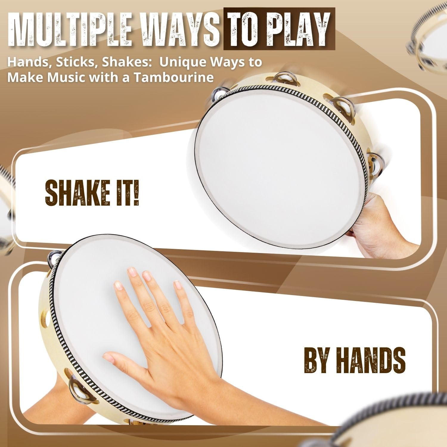Flexzion Tamburin, Handtrommel mit Handgriff - 2er-Pack, 20cm Schellenkranz in Mond-Form aus Holz, Musik Schlaginstrument, 1-reihige Schellenring mit 5 Paar Metall Schellen, Schlagzeug, Beige