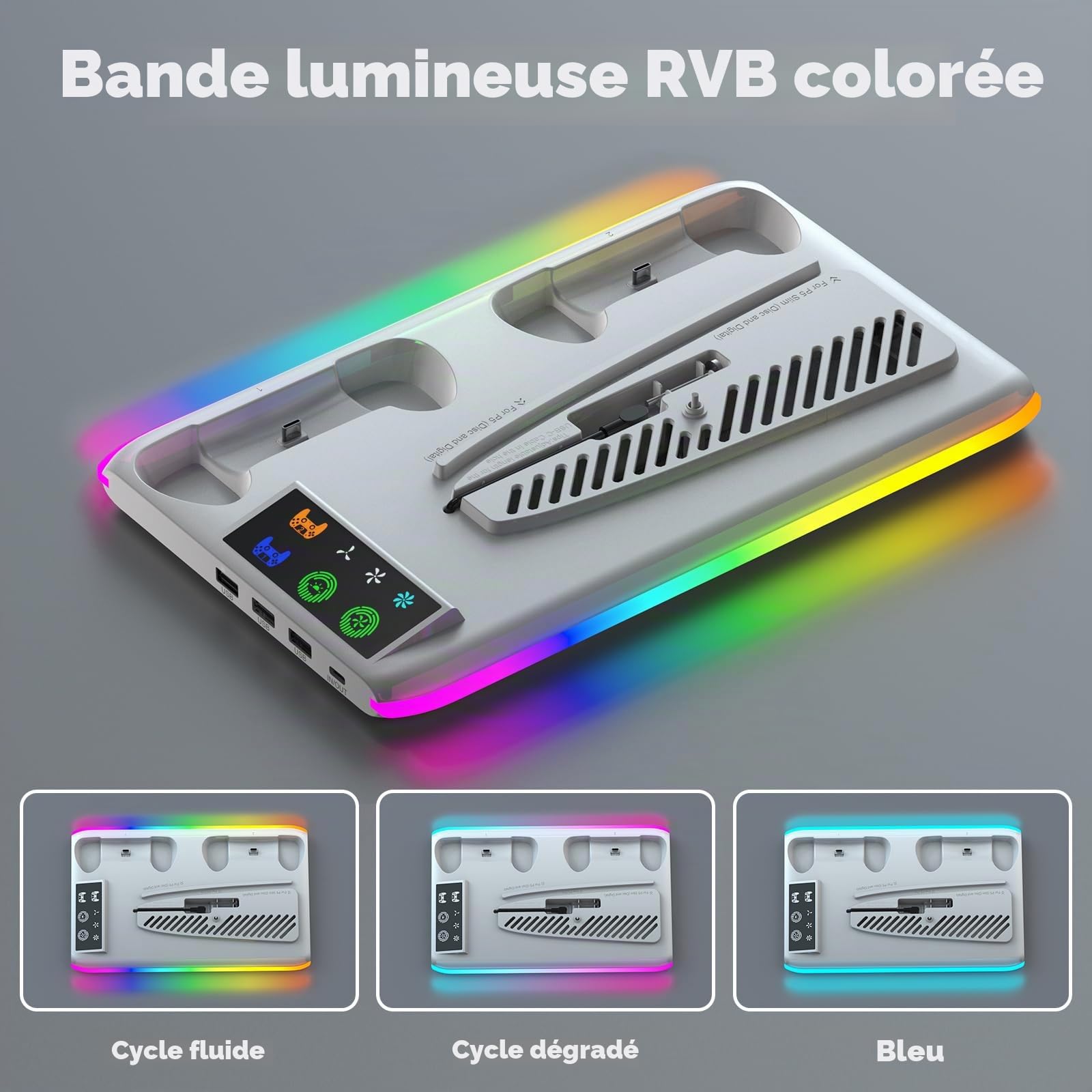 Support PS5 Standard/Slim/Pro, Support PS5 avec Ventilateur de Refroidissement à 3 Vitesses, Station de Refroidissement Vertical PS5 avec RGB, Support de PS5, Accessoires PS5/Slim/Pro