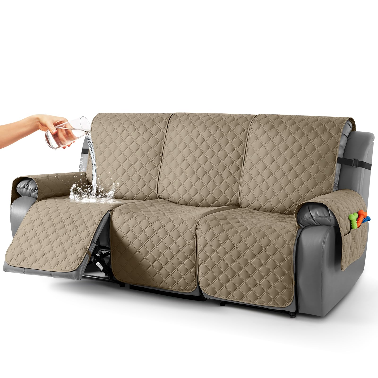 TAOCOCO 100% Waterproof Recliner Covers, Recliner Sofa Covers with Leg Straps, Reversible Recliner Couch Cover for Reclining Chair, Washable Couch Protector for Pets Kids(3 Seater, Khaki)