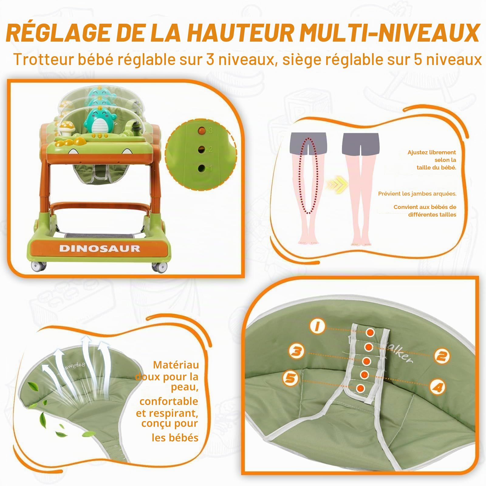 Trotteur pour Bébé Dinosaure Avec Jouets Musicaux,Repose-pieds,Hauteur Réglable,6 Roues Silencieuses À 360°,Avec Aide Au Freinage,Trotteur Adapté Aux Bébés À Partir De 0+