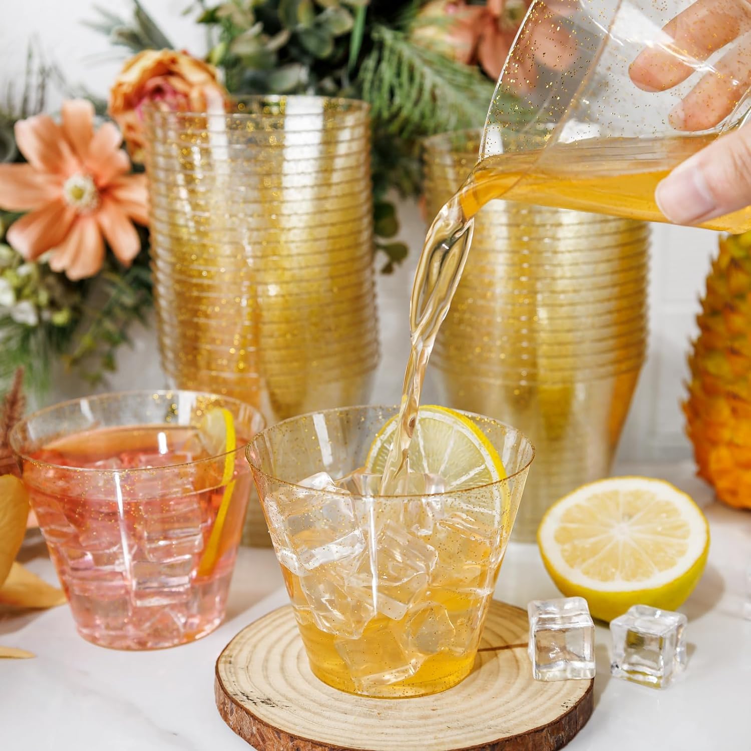 Partybekerset, 50 stuks, 295 ml, feestbekers, 50 transparante plastic bekers met gouden glitter, 295 ml harde kunststof bekers wasbaar, dessertbekers, duurzaam en herbruikbaar