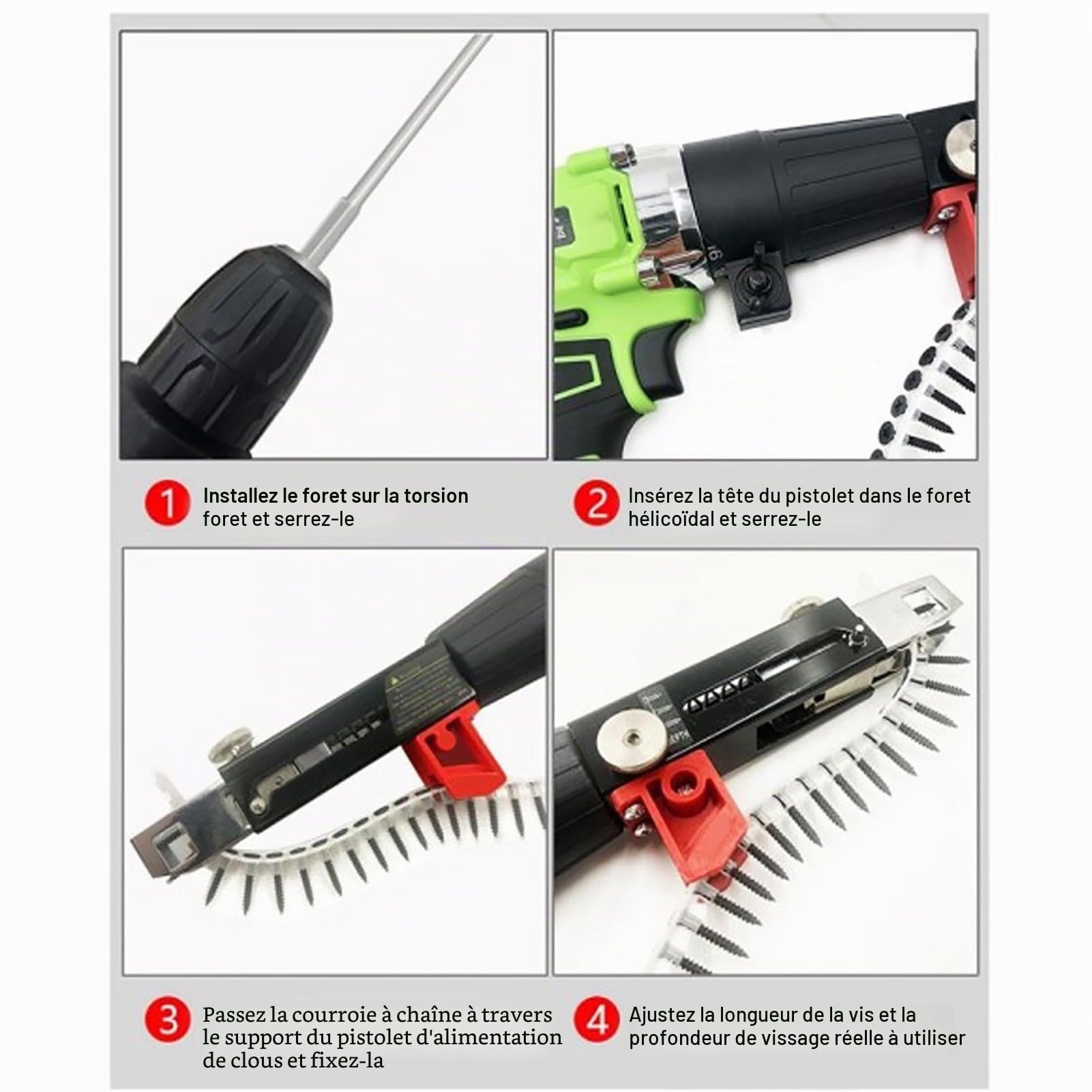 Pistolet à Clous à Chaîne Automatique, Adaptateur de Perceuse Visseuse | Alliage d'aluminium robuste, outil de vissage murs secs et plafonds, profondeur réglable pour cloisons, alimentation con
