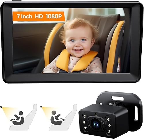 Kidsneed Cámara de coche para bebé, monitor de bebé de 7 pulgadas para automóvil con USB Plug and Play, fácil instalación, rotación de 360 grados,