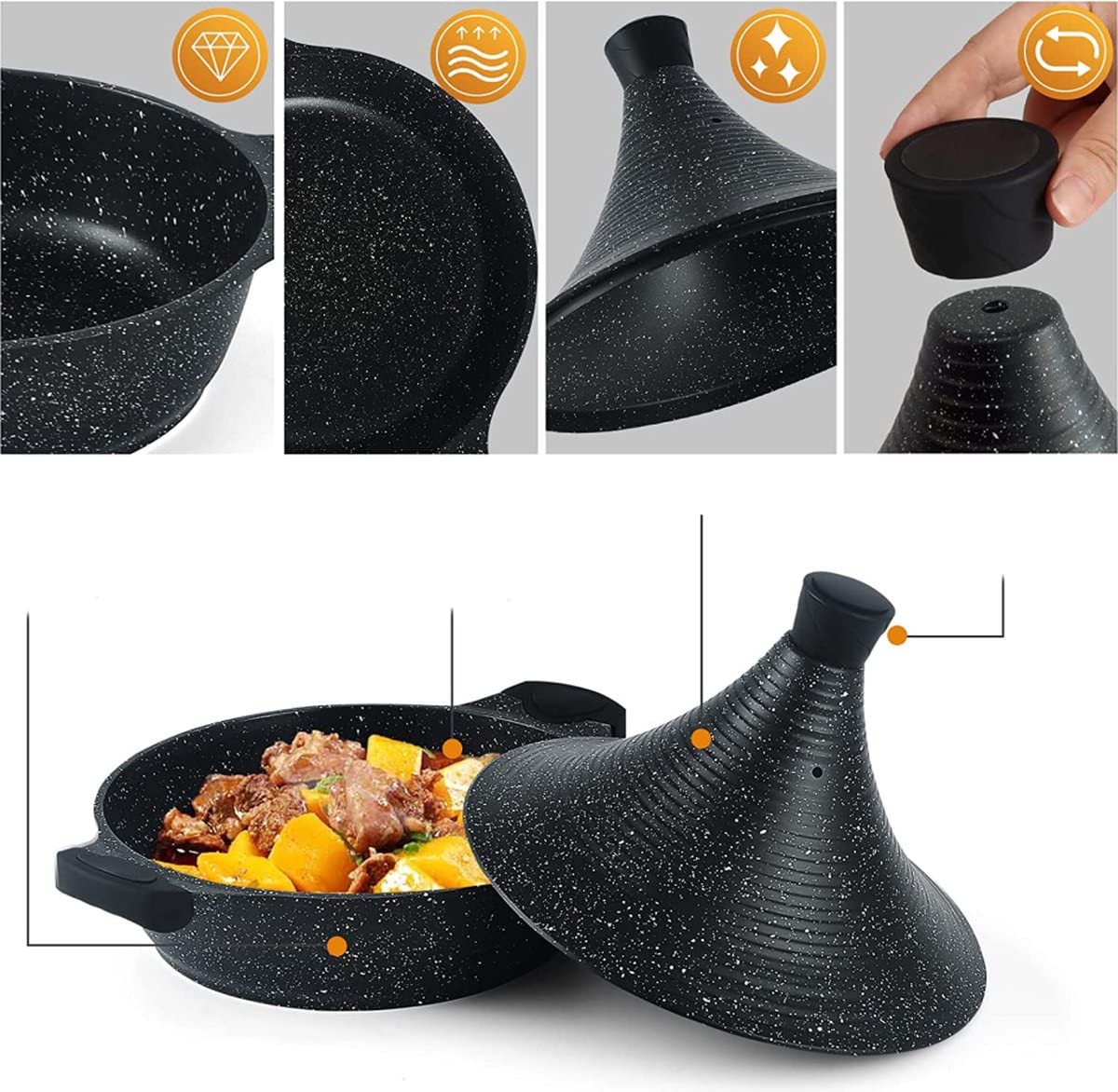 Moroccan Tagine Cooking Pot avec membre en aluminium | Antiadhésif | 32 cm | Sans danger pour l'induction (Black)