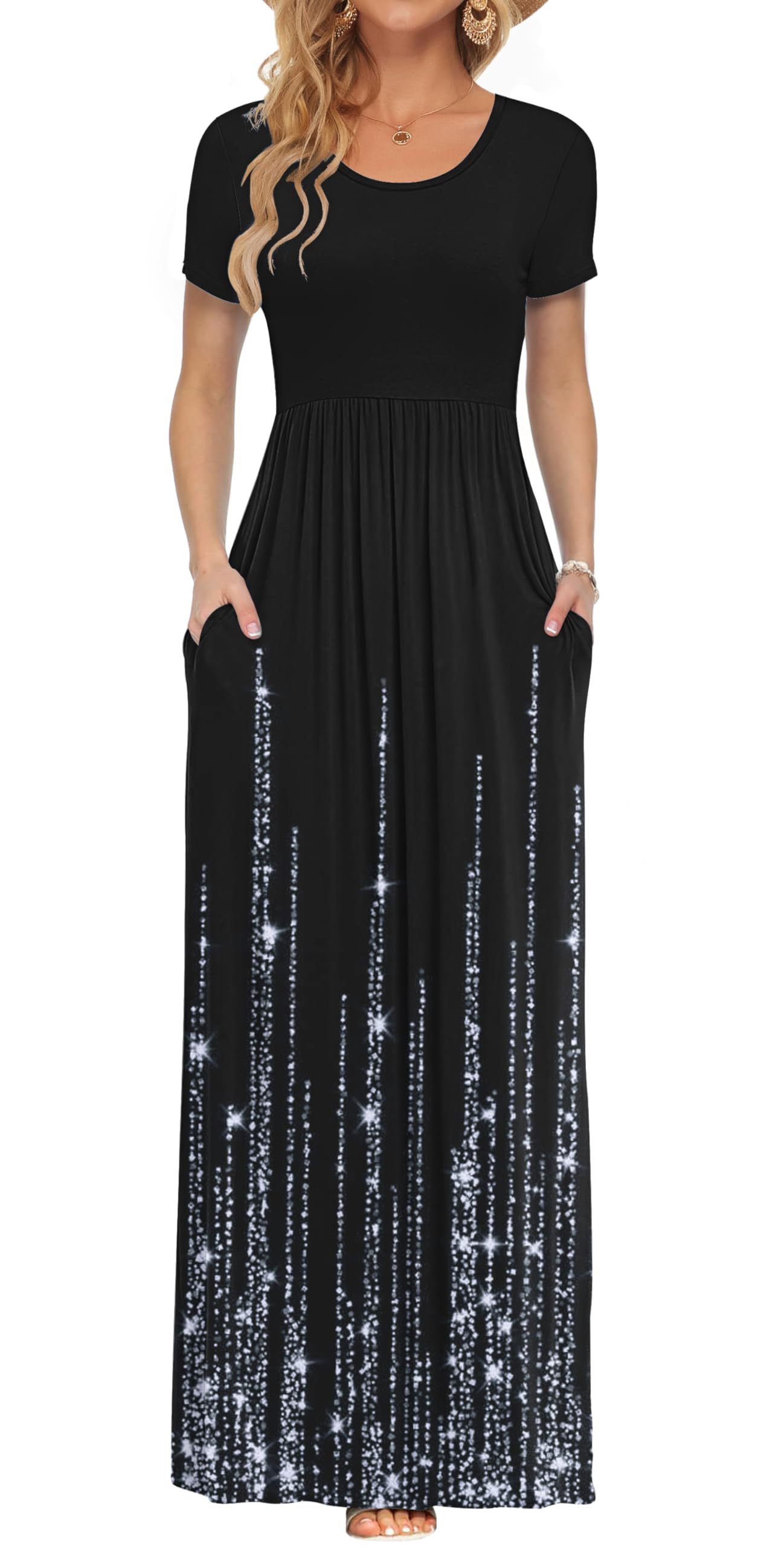AUSELILY Women's Summer Short Sleeve Loose Plain Casual Long Maxi Dresses | Year Round wear solid floral print, Casual wear, Empire waist, Floor length, Side pockets