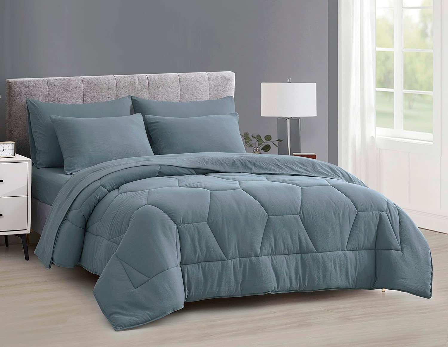 Chezmoi Collection Piper Queen Bed in a Bag 7-Pieces Honeycomb Hexagon Quilted Soft Washed Double Brushed Microfiber Comforter with Sheets Lightweight All Season Bedding Set (Queen, Dusty Blue) Queen Dusty Blue, Honeycomb Hexagon