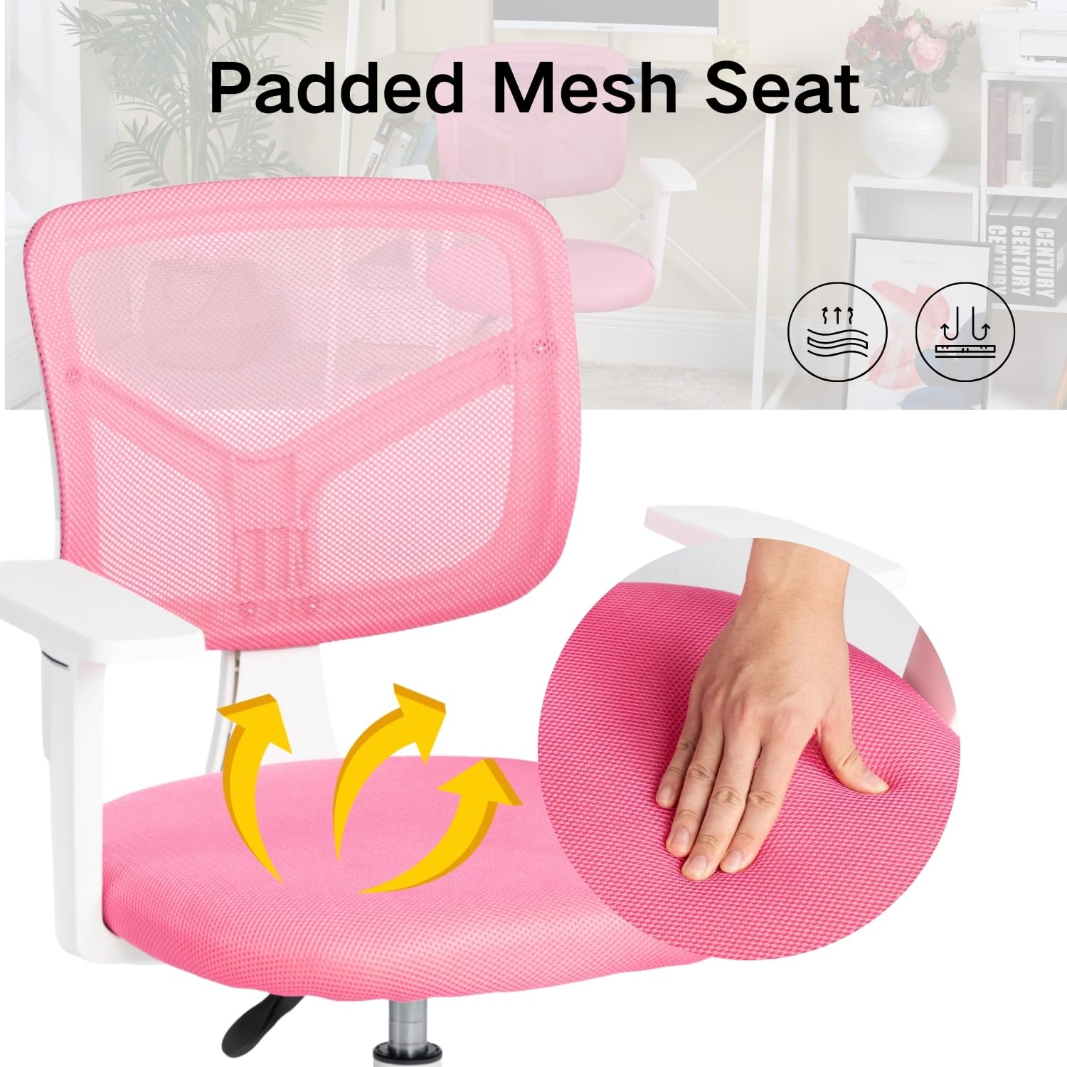 FurnitureR Chaise de Bureau pour Enfants, Chaise D'ordinateur pour Jeunes/Adolescents avec Maille Respirante, Pivotante Seat D'étude Réglable en Hauteur avec Accoudoirs, Rose 50 x 53 x 87cm