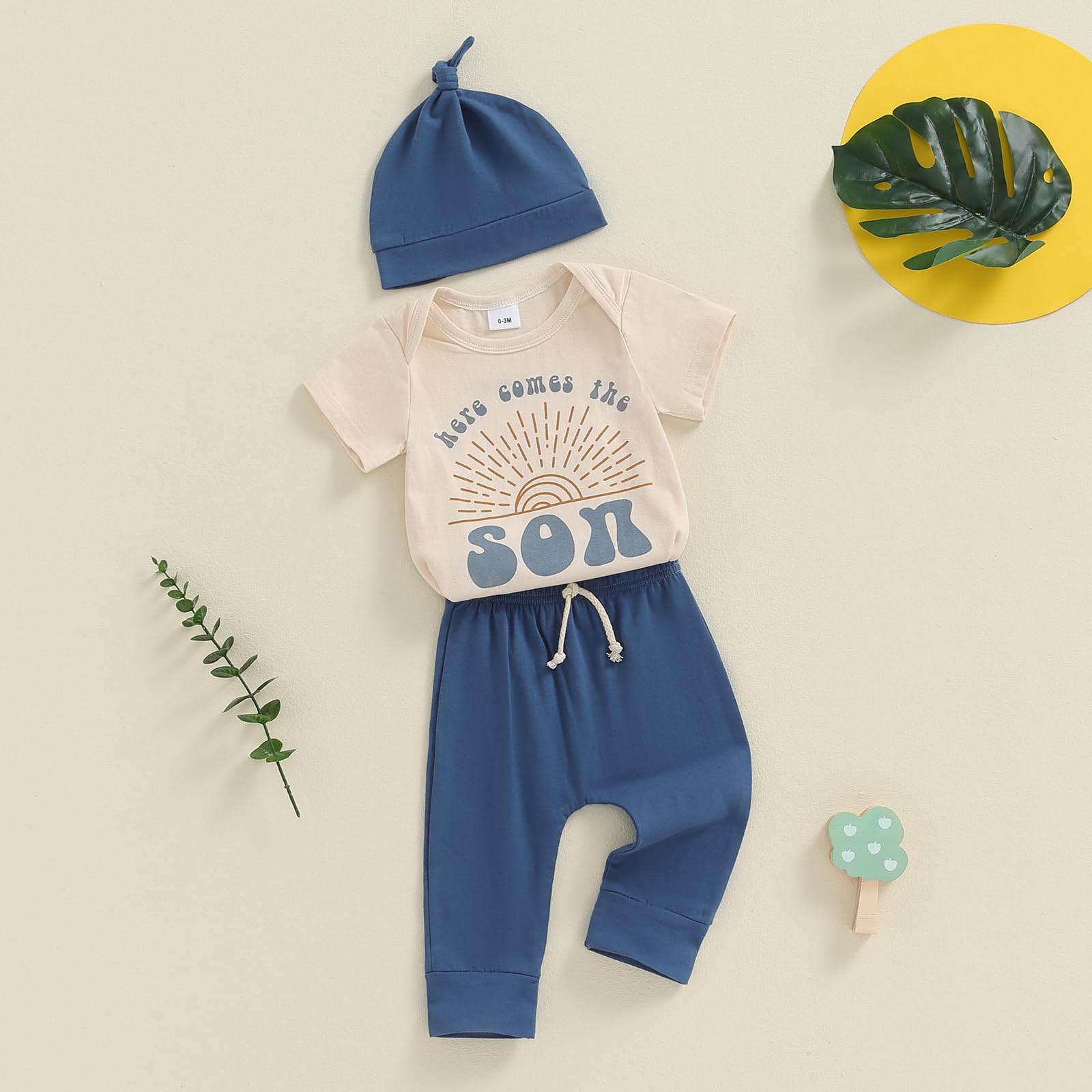 Fsadfeas Newborn Baby Boy Clothes 3 6 9 12 18 Months Short Sleeve Romper T Shirt Tops + Toddler Pants + Hat Summer Outfits (Comes Son, 3-6 Months)