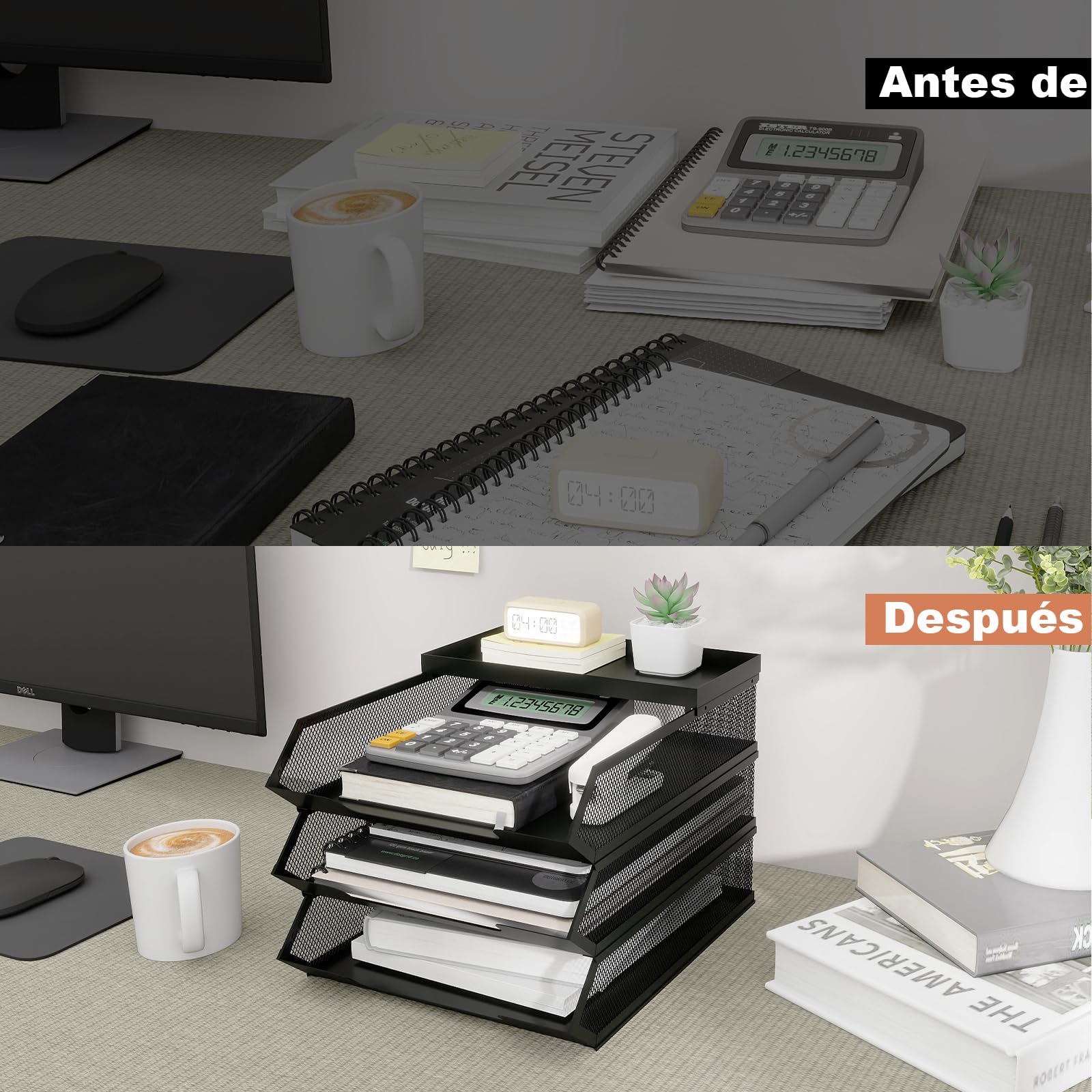 PUNCIA Bandejas Apilables 3 Niveles de Oficina Bandeja Metálica para Documentos A4 Organizador Escritorio de Papeles Archivador Clasificador con Bandejita Superior Negro