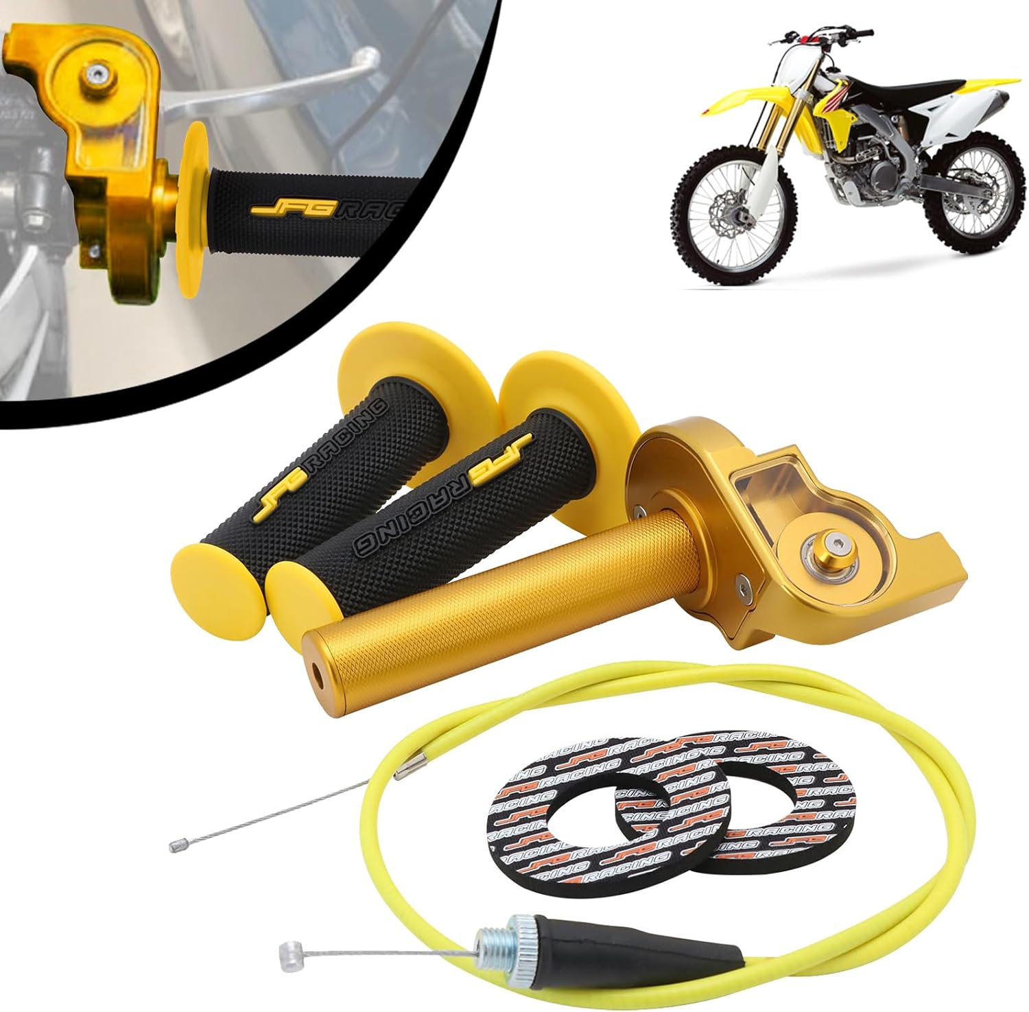IUVWISN Assemblage d'accélérateur rapide 22 mm + câble d'accélérateur CNC universel pour DRZ400 DRZ400S DRZ400SM DRZ400E RM85 RMZ250 DRZ125 CT200U CT200U-EX BT200X SSR 125 Dirt Pit Bike Mini Vélo Doré
