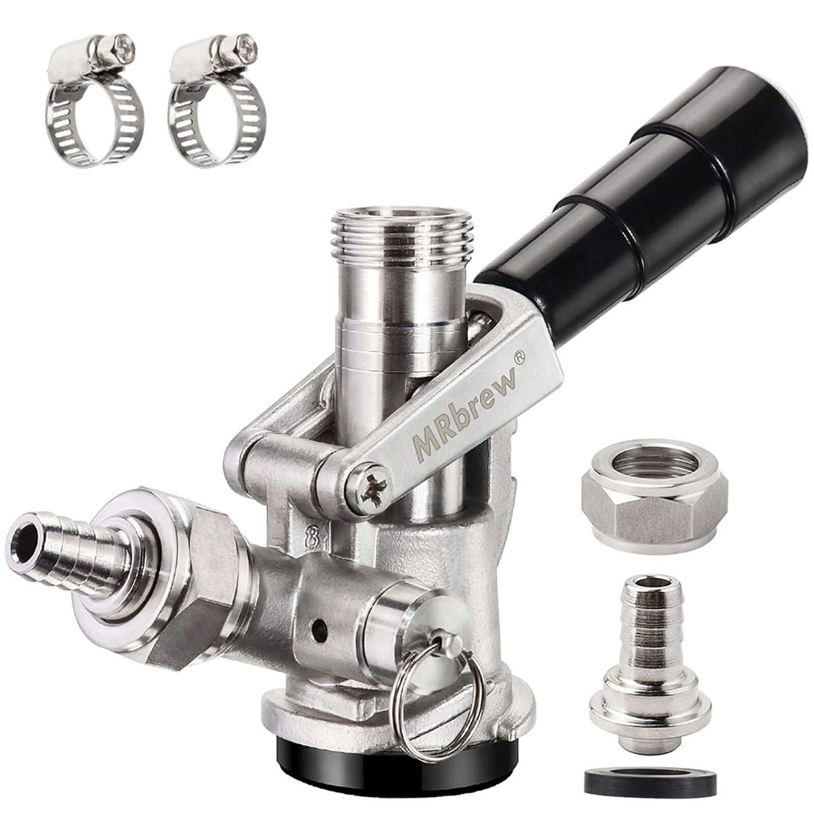 MRbrew All 304 Stainless Steel Keg Coupler, Commercial Sankey Kegerator D System Keg Tap Dispenser for I.D 5/16'' Draft Beer Line Gas Brewing Tubing with Check Valve Sealing Washer Hose Clamp