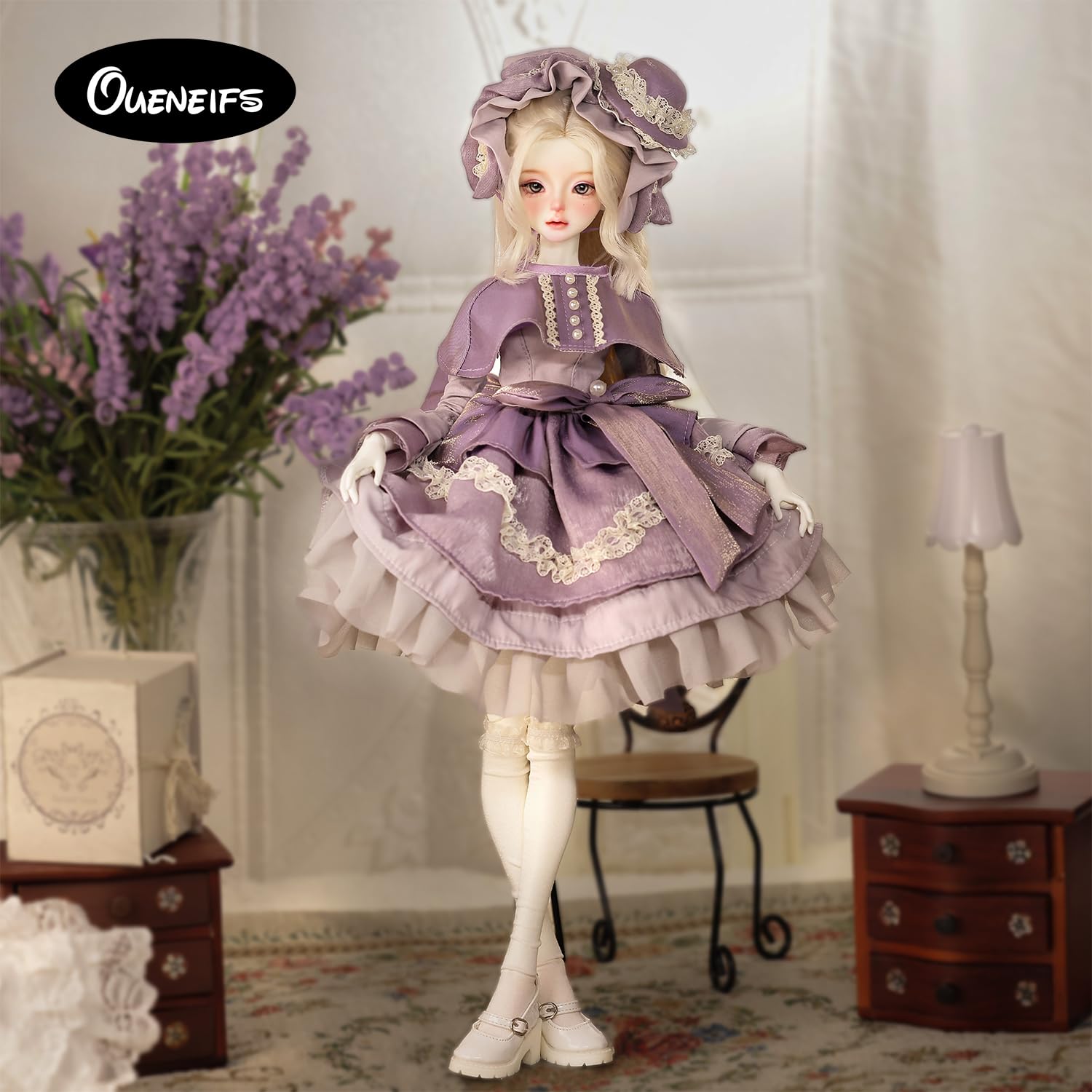 Oueneifs 1/4 Sadiebjd Fullset B lalka z przegubami kulowymi fioletowa sukienka tortowa z kapeluszem elegancka kobieca zabawka z żywicy dla dzieci w wieku 15+ lat