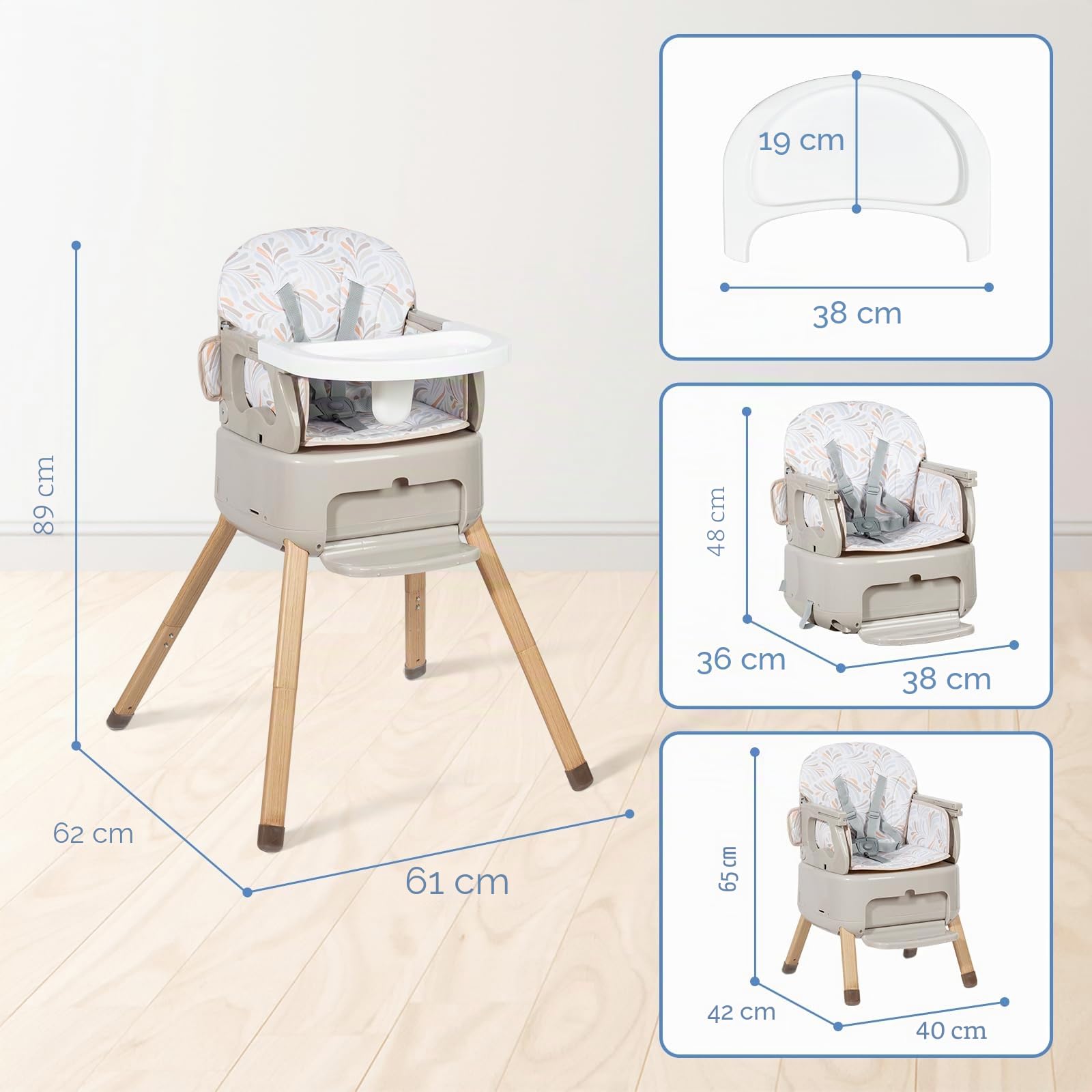 Leogreen Trona Bebé 4 en 1, Trona para Bebe Convertible en Alzador y en Silla, Ajustable y Plegable, Bandeja Extraíble, para niños, 6 Meses - 3 años, De 6 a 36 meses,Gris | Silla Plegable y Ligera con Bandeja Extraíble y Reposapiés, Gris