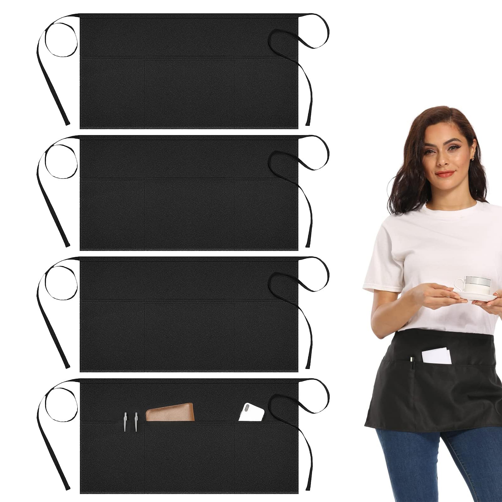 Asheyya Black 4 Pcs Waitress Apron With Pockets, Anti-Dirt Waist Apron For Home Kitchen Restaurant Work Chef Waiter Cooking Baking (4, )