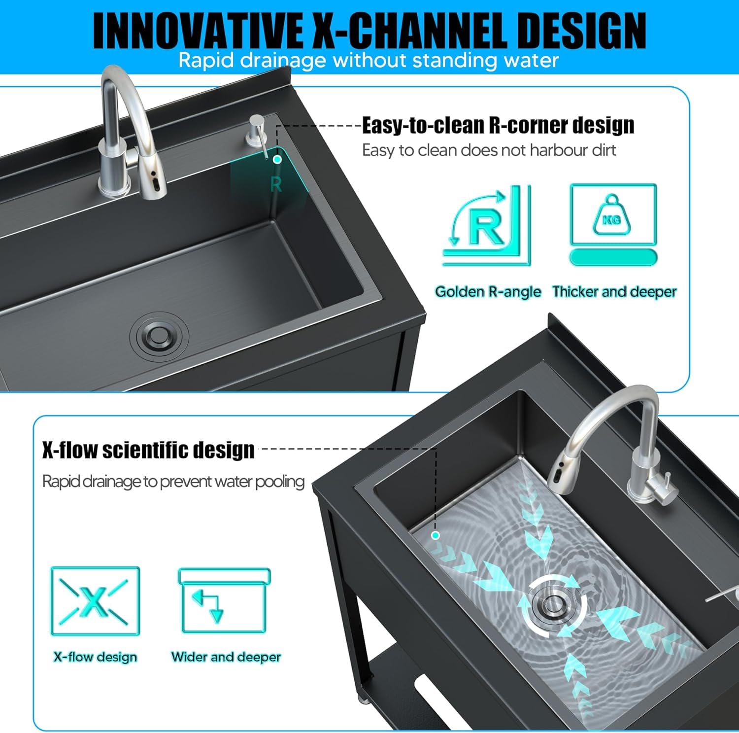 Lavello da cucina in acciaio inox, 1 vassoio professionale, 65 x 52 x 100 cm, indipendente con rubinetto e accessori, lavello esterno e interno, immersione in acciaio inox per cucina