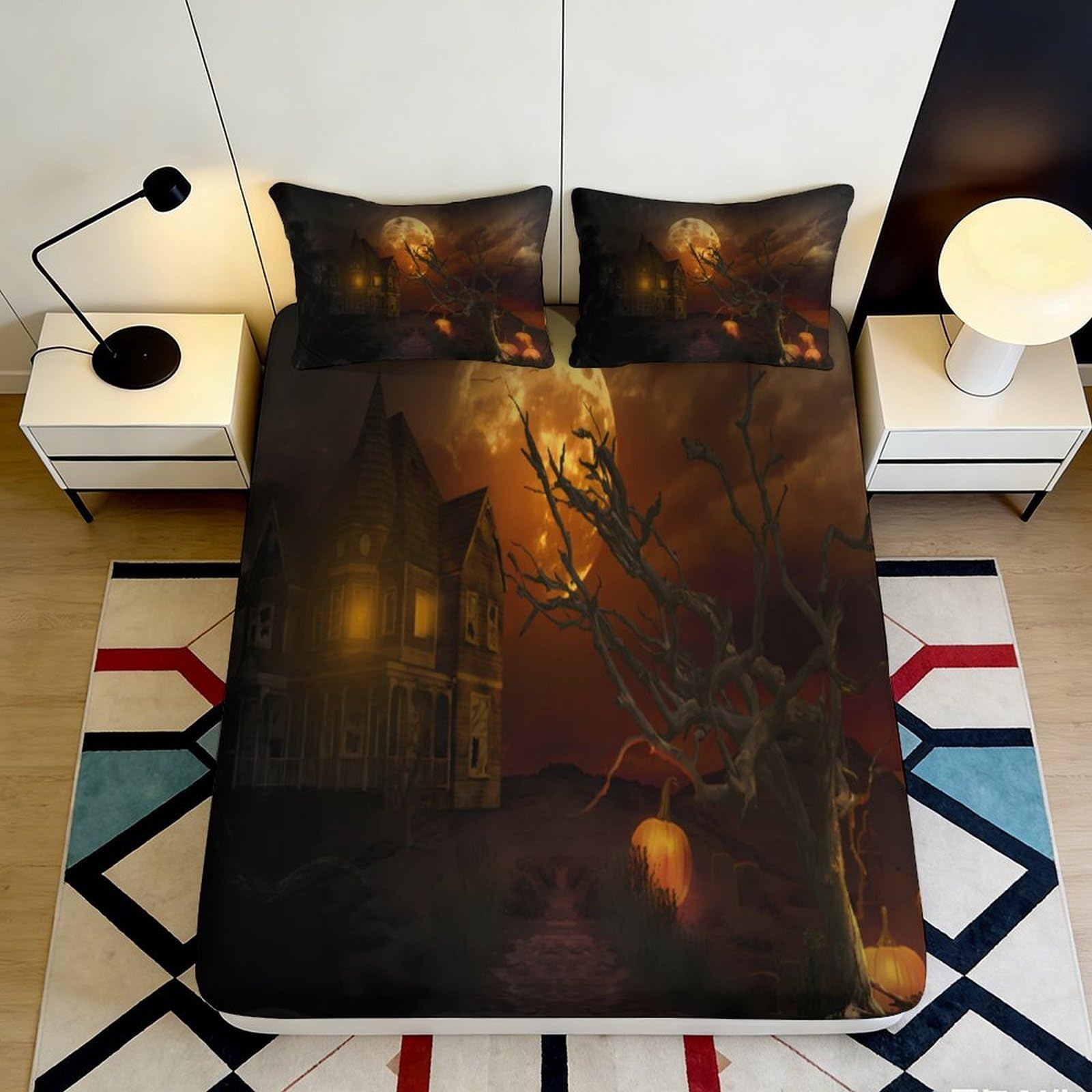 3D Printed Haunted House Fitted Sheet Microfiber Soft Moonlight Pumpkin Mattress Cover for Bedroom Dorm Mattress Protection Decor 200x200x25cm