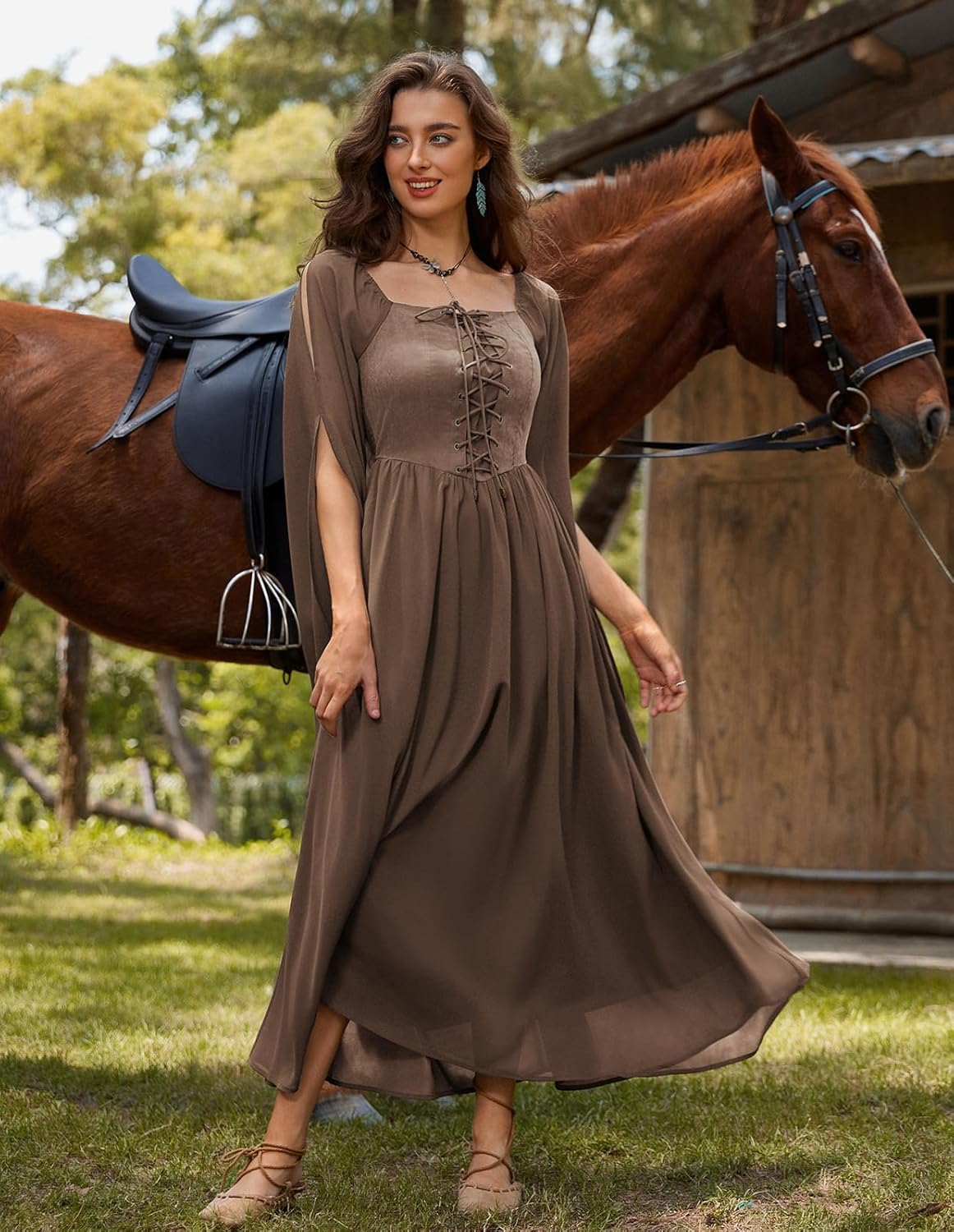 Scarlet Darkness Renaissance Costume Women Pirate Dresses Split Bell Sleeve Medieval Ren Faire Dress with Pockets - Image 2