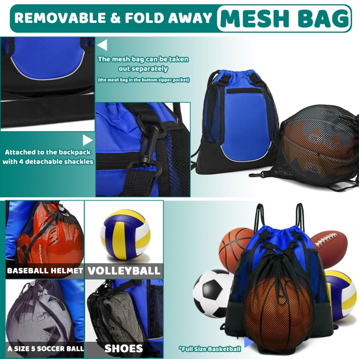 STAY GENT Sac à Dos de Football à Cordon pour Garçons, Sac a Dos Basketball, Sac de Sport Avec Sac en Filet Détachable pour Le Volleyball, Baseball et Le Yoga, Noir, 42 x 47 cm