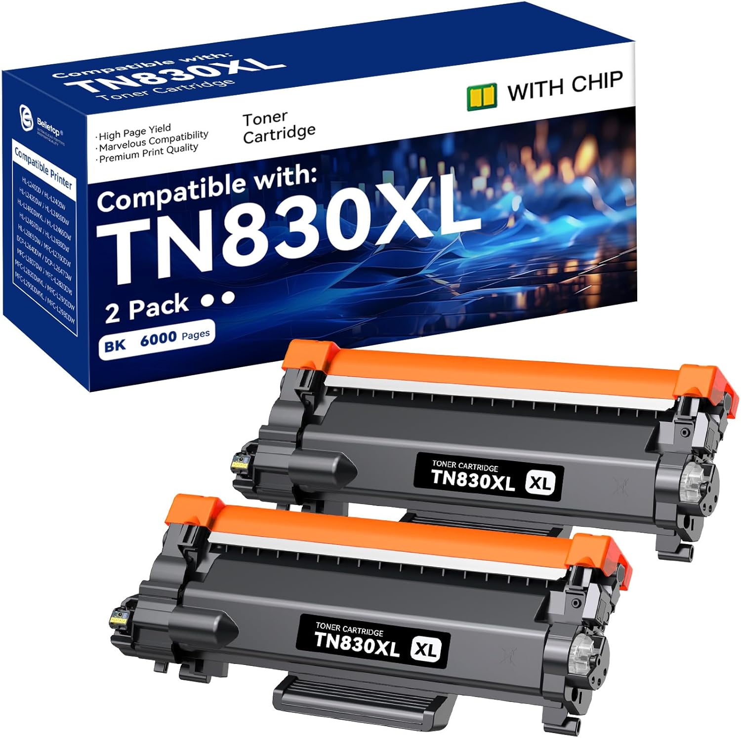 Compatible TN830XL Toner Cartridge High Yield Replacement for Brother TN830 TN-830 TN830 XL TN-830XL use with HL-L2460DW DCP-L2640DW HL-L2405W MFC-L2820DW HL-L2480DW Printer (2 Black)