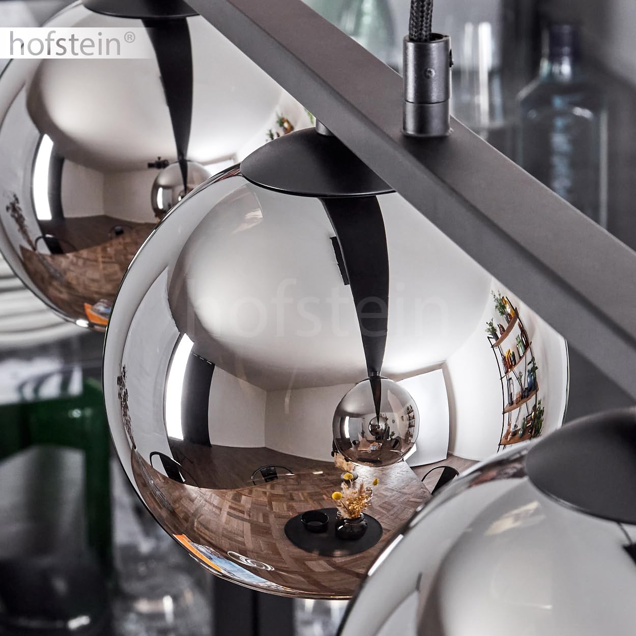 Pendelleuchte Koyoto, Hängelampe aus Metall/Glas in Schwarz/Chromfarben, Hängeleuchte im Retro/Vintage-Design mit Glasschirmen (Ø 15 cm), 5-flammig, Höhe max. 111,5 cm, 5 x E27, ohne Leuchtmittel