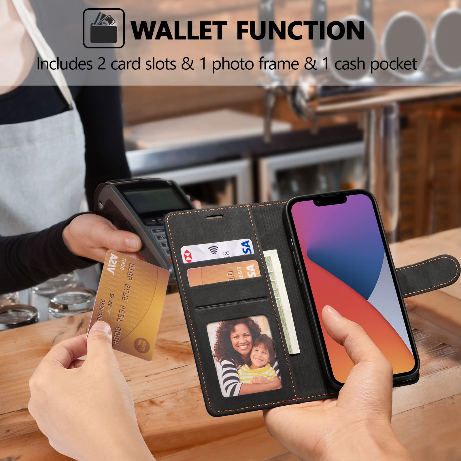 Wallet Case For IPhone 13 Pro, Retro PU Leather Shockproof Phone Case Magnetic Snap Back Cover Detachable With Card Holder Pocket Wallet Stand For IPhone 13 Pro, Pink