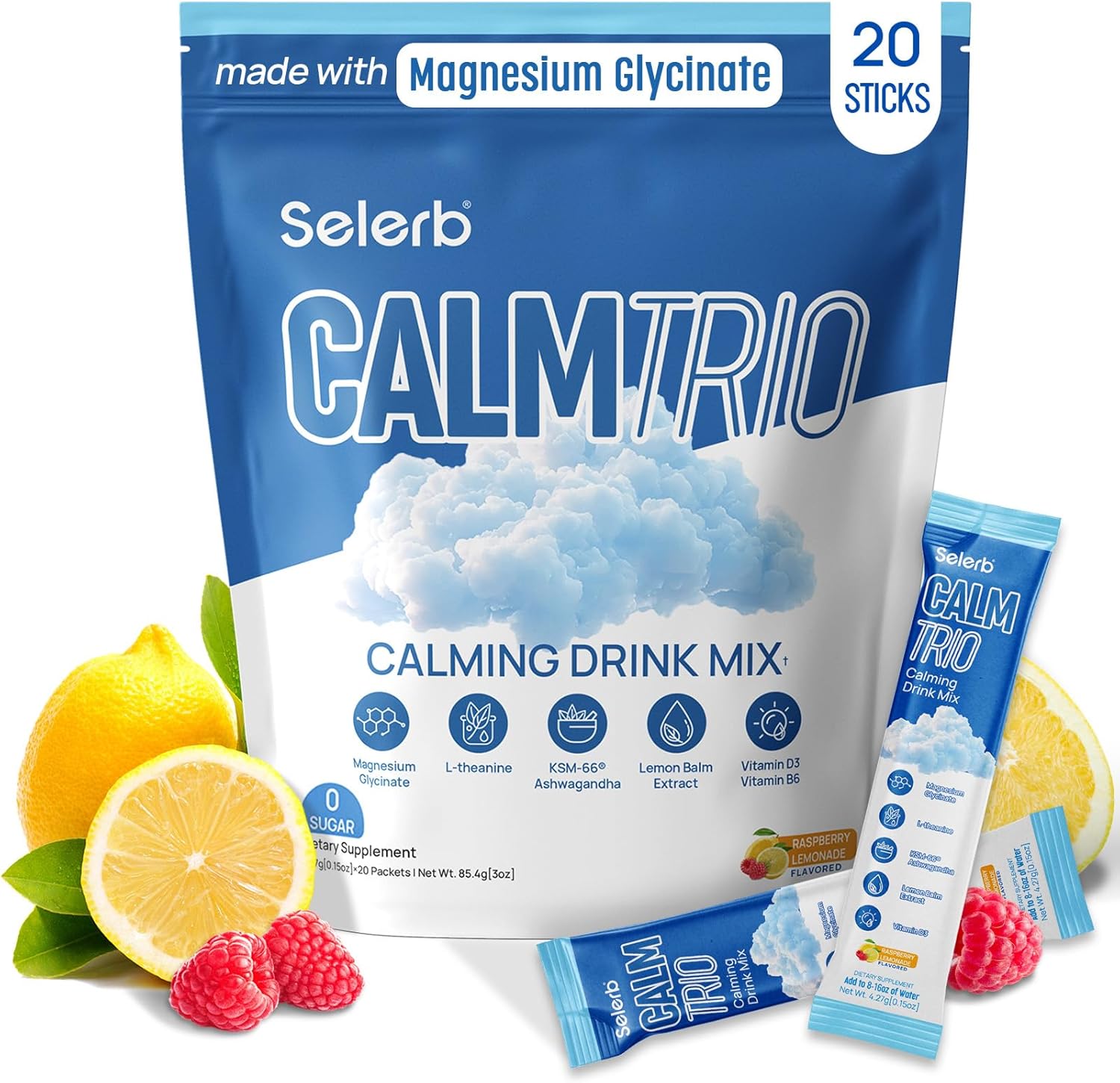 Selerb CalmTrio Magnesium Glycinate Powder Cortisol Drink Mix - No Sugar with L-Theanine, Ksm-66® Ashwagandha, Lemon Balm, Vitamin D3, B6, Supplements for Relax, Focus & Calm, Raspberry Lemon 20 Ct