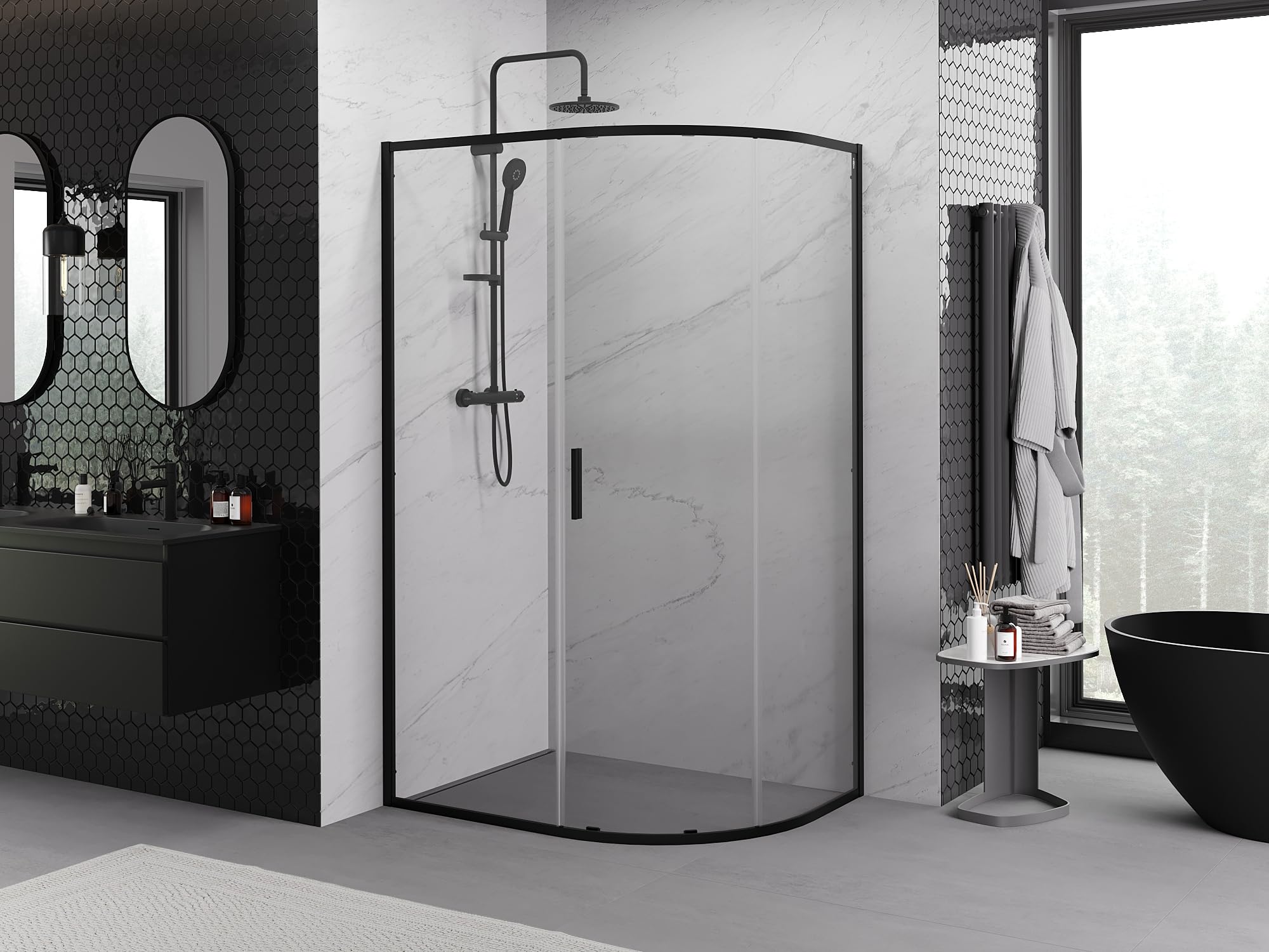 Mexen - Exo Box doccia semicircolare asimmetrico allungabile 120 x 90 cm, trasparente, nero